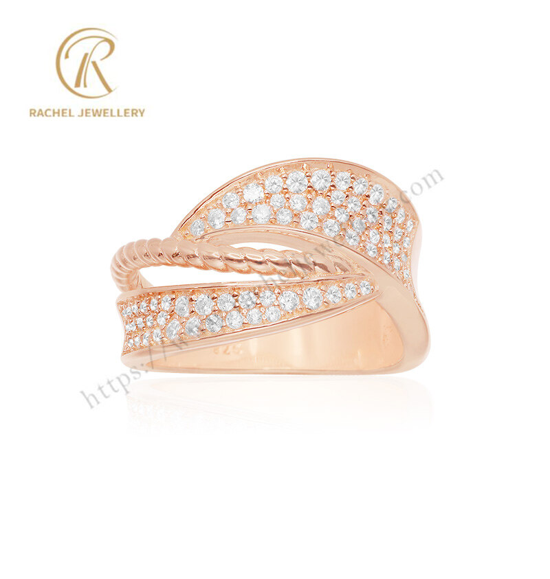 5A CZ Women Finger Band Rose Gold Plated 925 Sterling Silver Ring