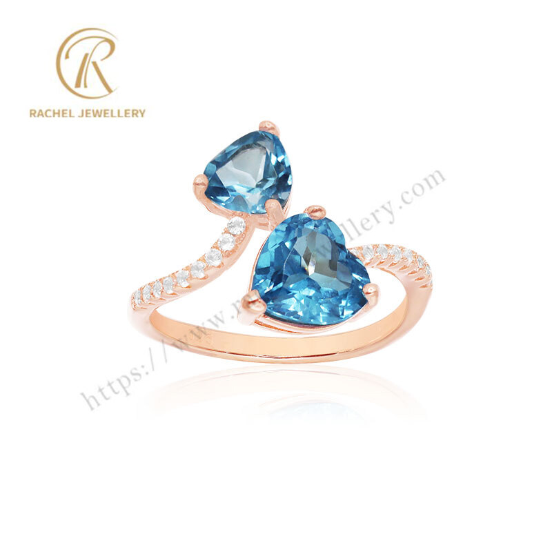 Double Blue Topaz Heart Shaped Silver Ring