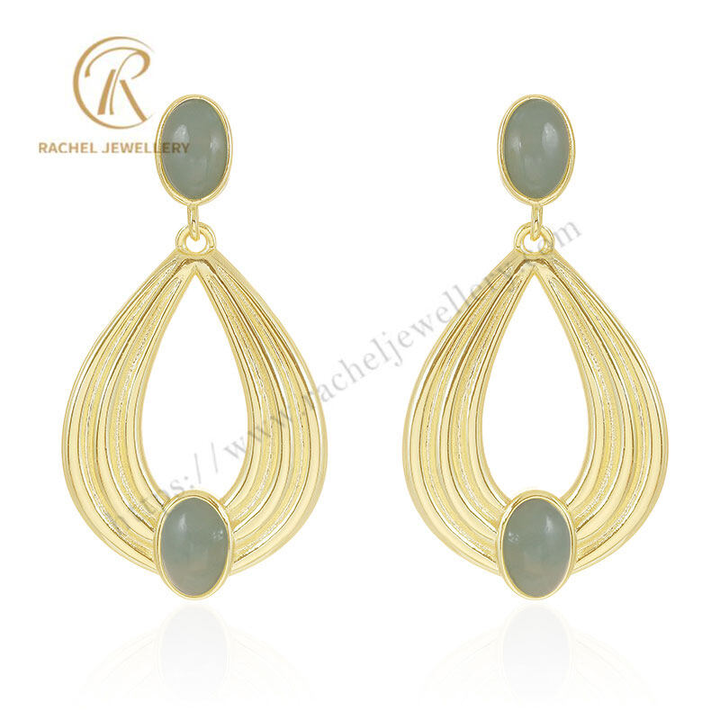Rachel Jewellery Big Pear Drop Amazon Stone 925 Silver Earring Yellow Gold Plated