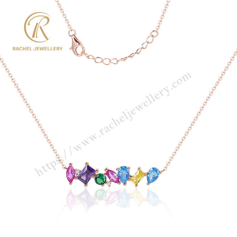 Rachel Rainbow CZ Line 925 Silver Necklace Rose Gold Plating