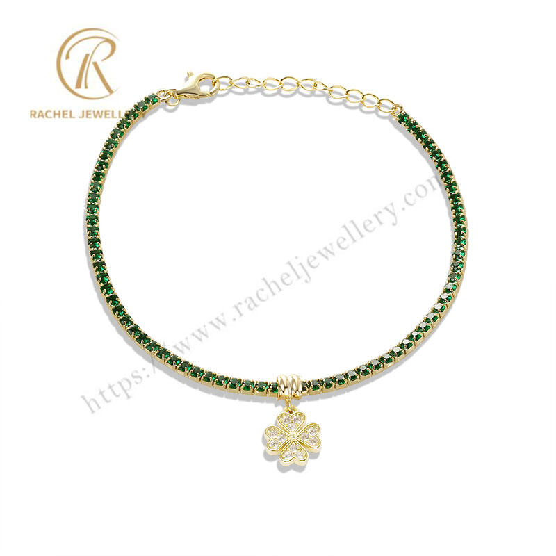 Rachel Tennis Bracelet With Lucky Four-Leaved Clover Charm 925 Silver Bracelet