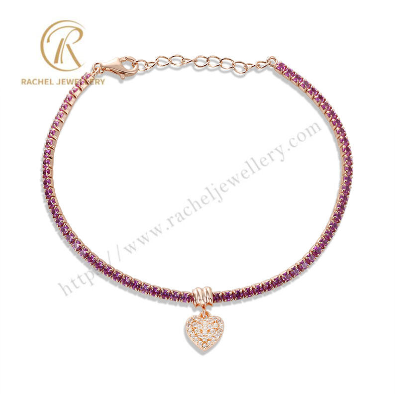 Rachel Jewellery Ruby Rose Gold With Heart Charm 925 Silver Tennis Bracelet