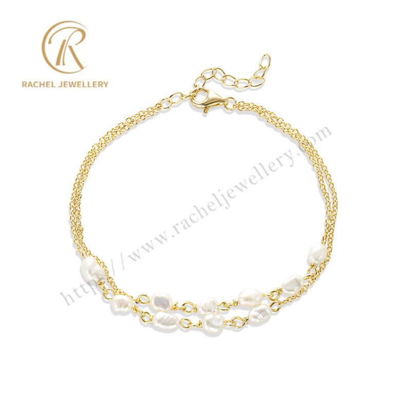 Rachel Jewellery High Quality Handmade Baroque Pearl 925 Silver Bracelet Yellow Gold Plated