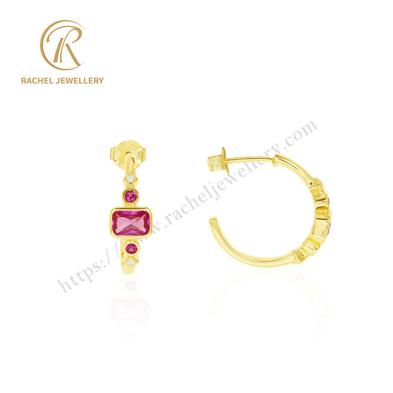 Rachel Jewellery Ruby Red CZ Gold Hoop Earrings