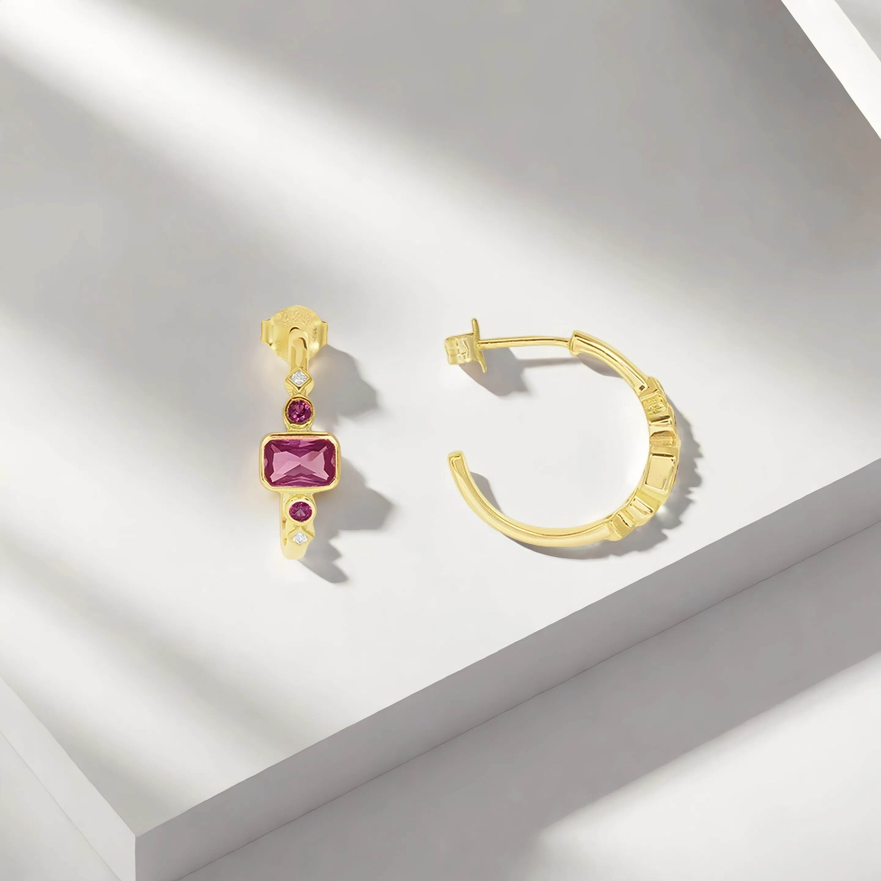 gold hoop earrings ; ruby red cz earrings ; cubic zirconia ; elegant earrings