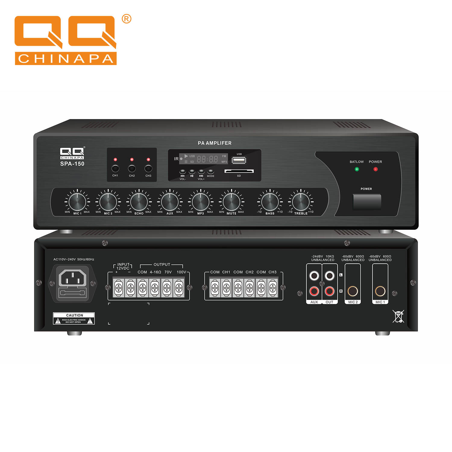 QQCHINA PA  SPA-60 3-Zone Public Address Amplifier D-Class Digital Power, Mic Input, USB & Bluetooth Playback