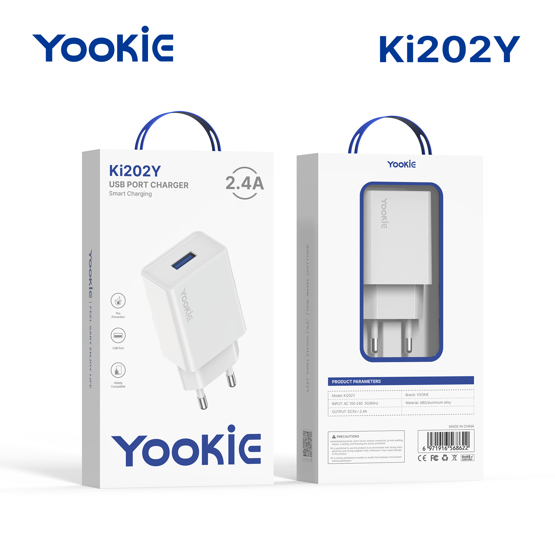 YooKiE KI202Y USB Wall Charger | 5V/2.4A | EU Plug | For Micro, iPhone & Type-C