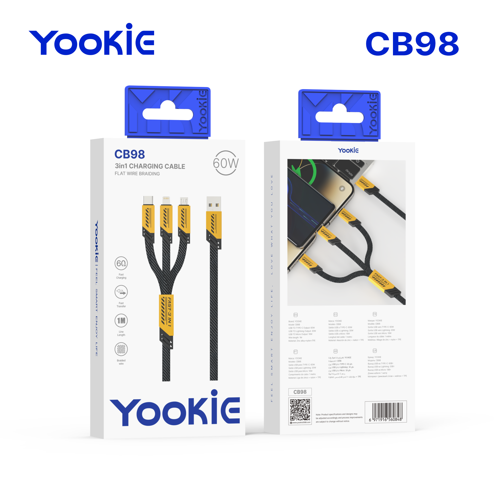 YooKiE CB98 3IN1 Fast Data Cable | USB to Type-C 60W, Lightning 30W & Micro 18W | 1M | Zinc Alloy + Nylon