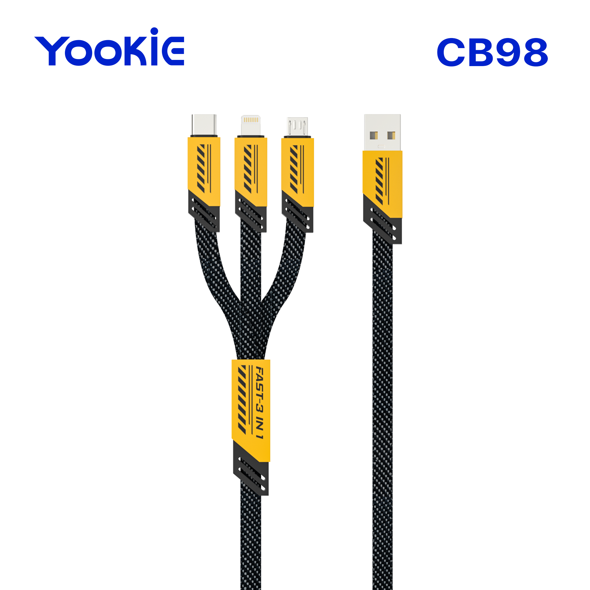 YooKiE CB98 3IN1 Fast Data Cable | USB to Type-C 60W, Lightning 30W & Micro 18W | 1M | Zinc Alloy + Nylon