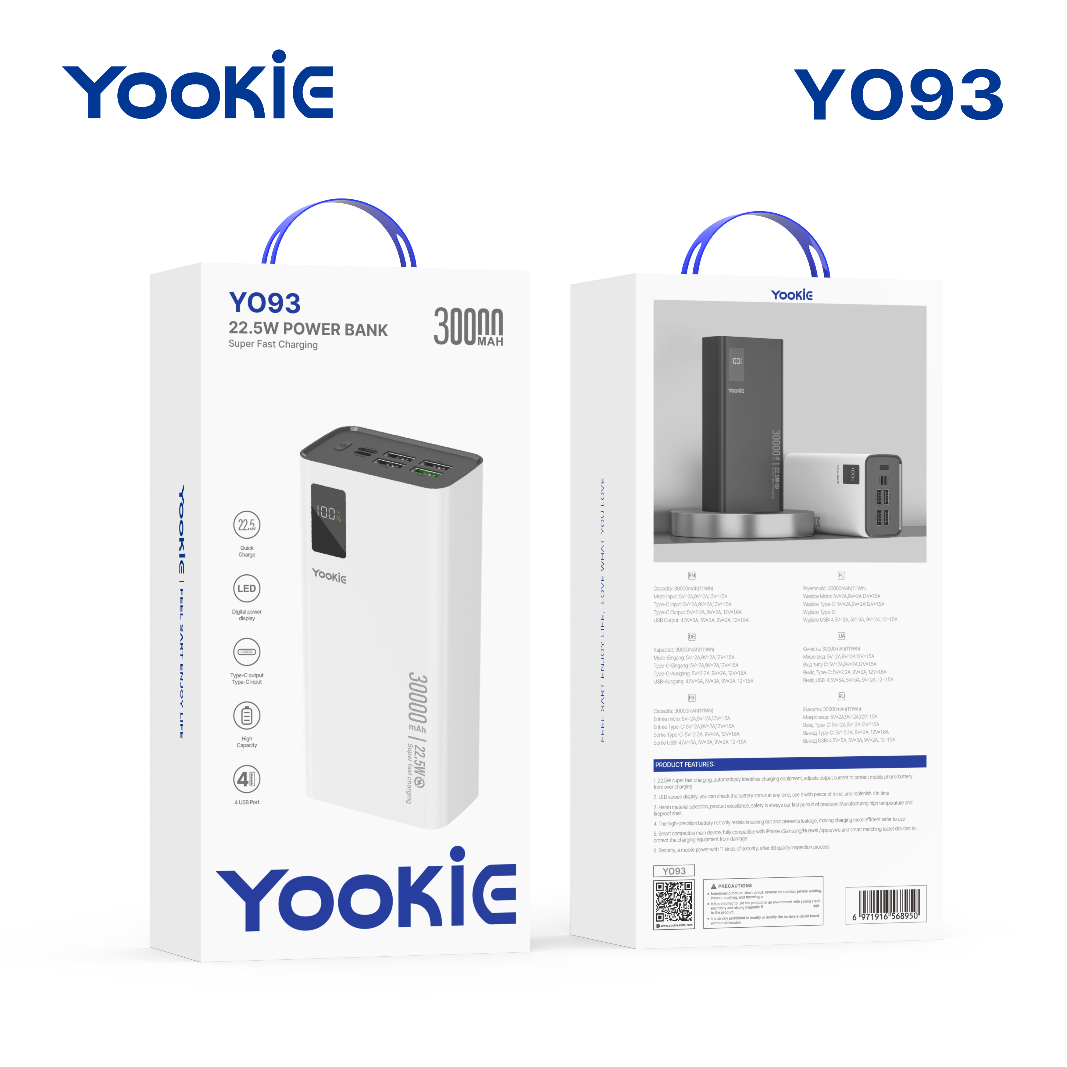 YooKiE YO93 30000mAh Power Bank | High-Capacity | Fast Charging USB & Type-C Output