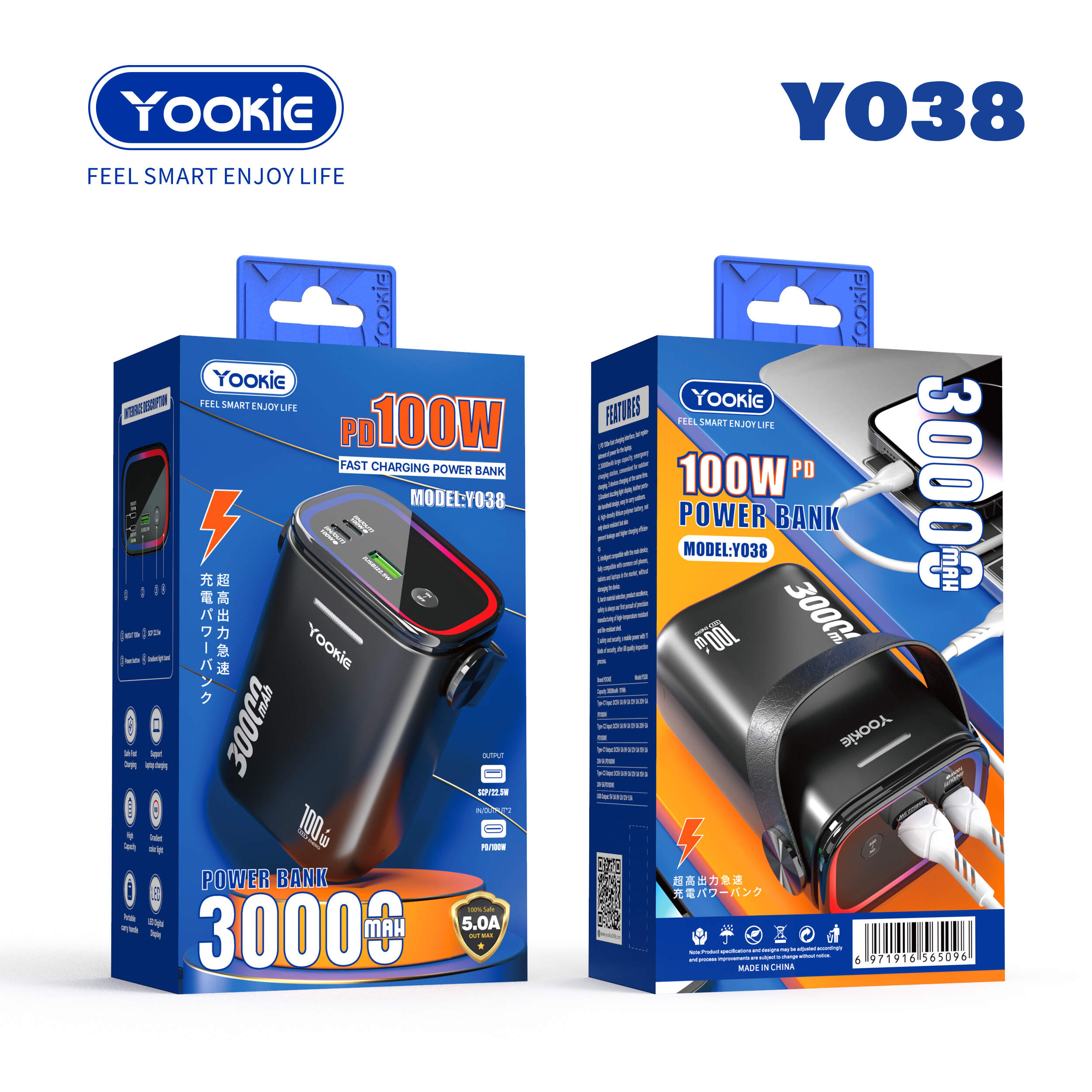 YooKiE YO38 100W Power Bank | 30000mAh | PD Fast Charging | 3-Device Output | Gradient LED