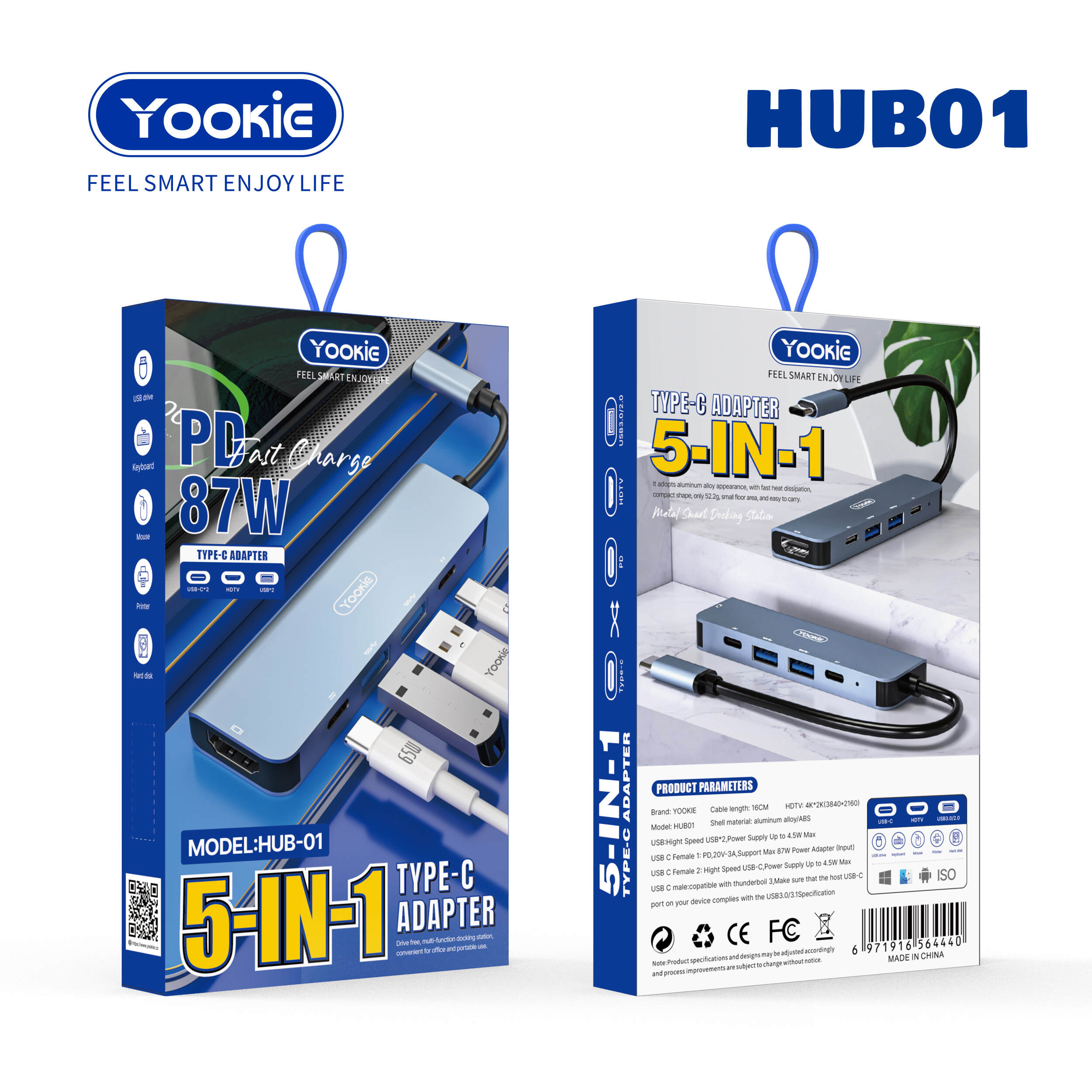 YooKiE HUB01 5-in-1 USB-C Hub | 2×USB | 2×Type-C PD | 1×HDMI Output