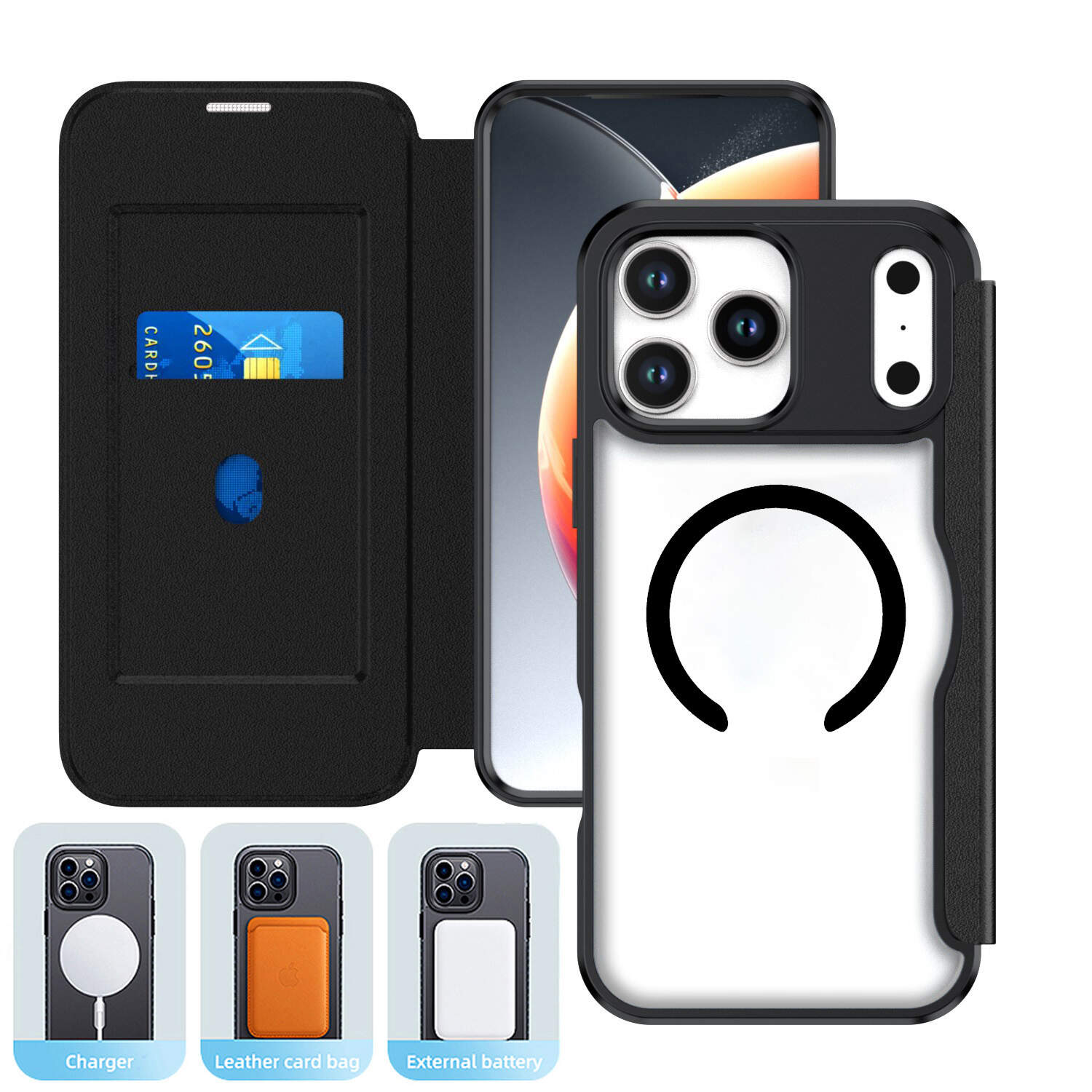 Caixa de telefone de couro dobrável magnético para iPhone 16 Pro PRÁTICA COM CARTO SLOT-COPY