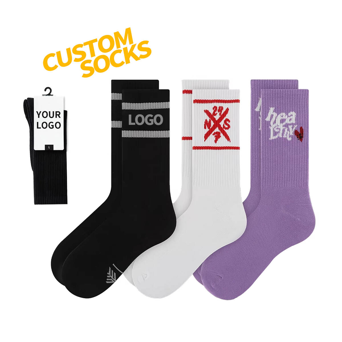 Custom Logo Casual Men's Mid-Tube Cotton Socks White Embroidery Free Design OEM Wholesale