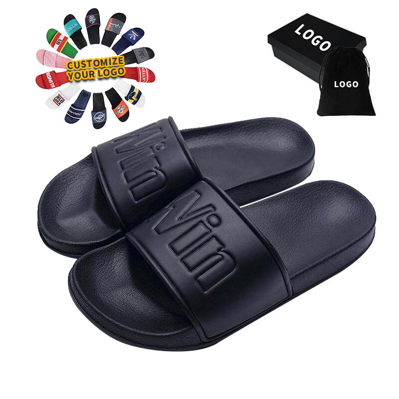 Custom Logo Men's and Women's Team Slippers Black PVC Solid Color Home Sports Style Wholesale