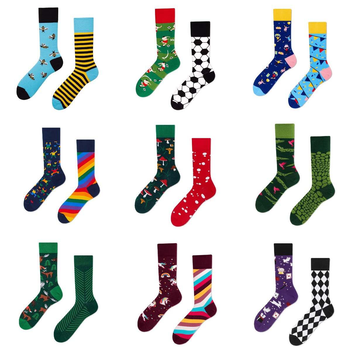 Customized creative trend men's asymmetrical happy fun football pattern printed cotton mid-tube socks