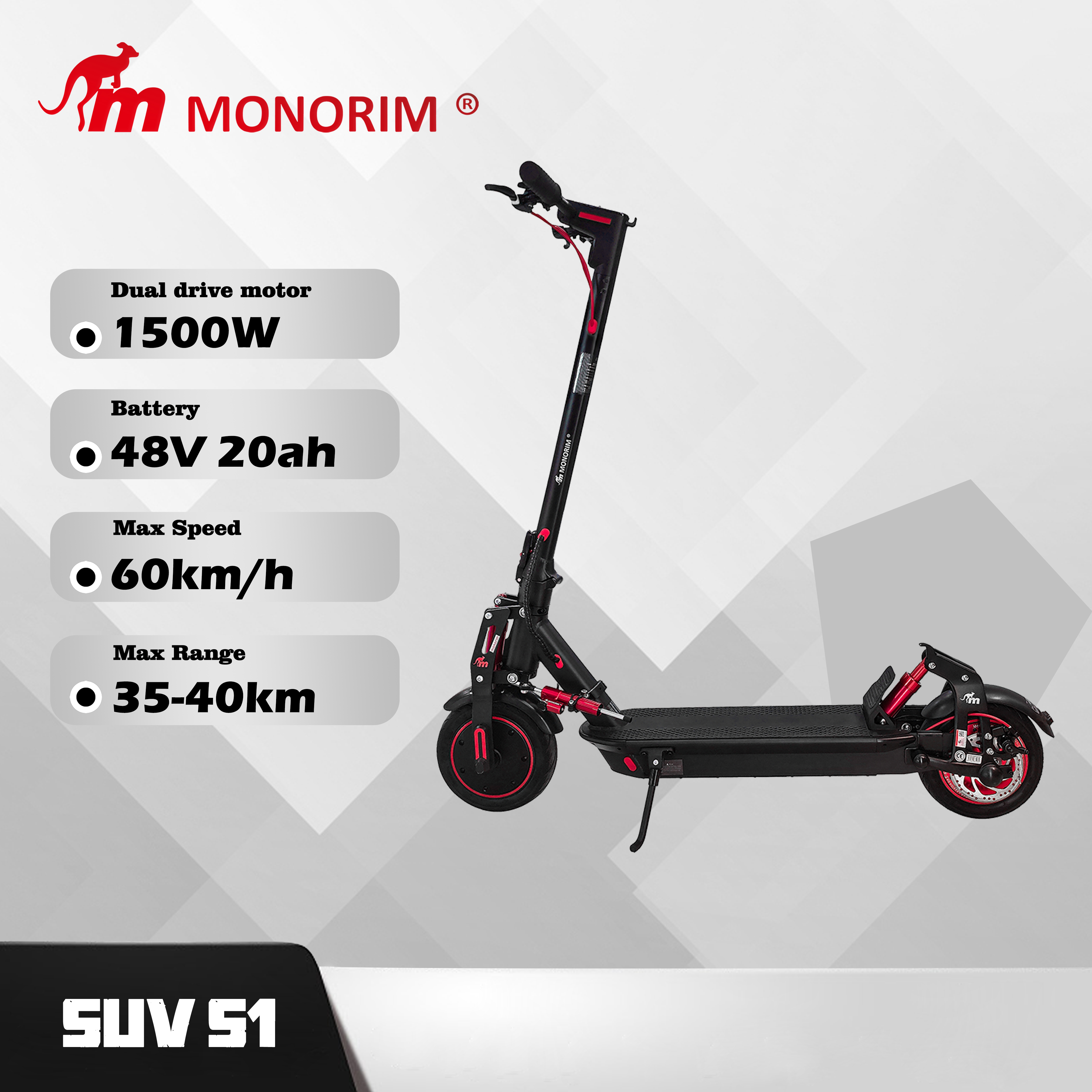 Monorim unique SUV S1 48v LS/NLpower 20ah Cells Batteries 1500w peak Dual drive electric scooter