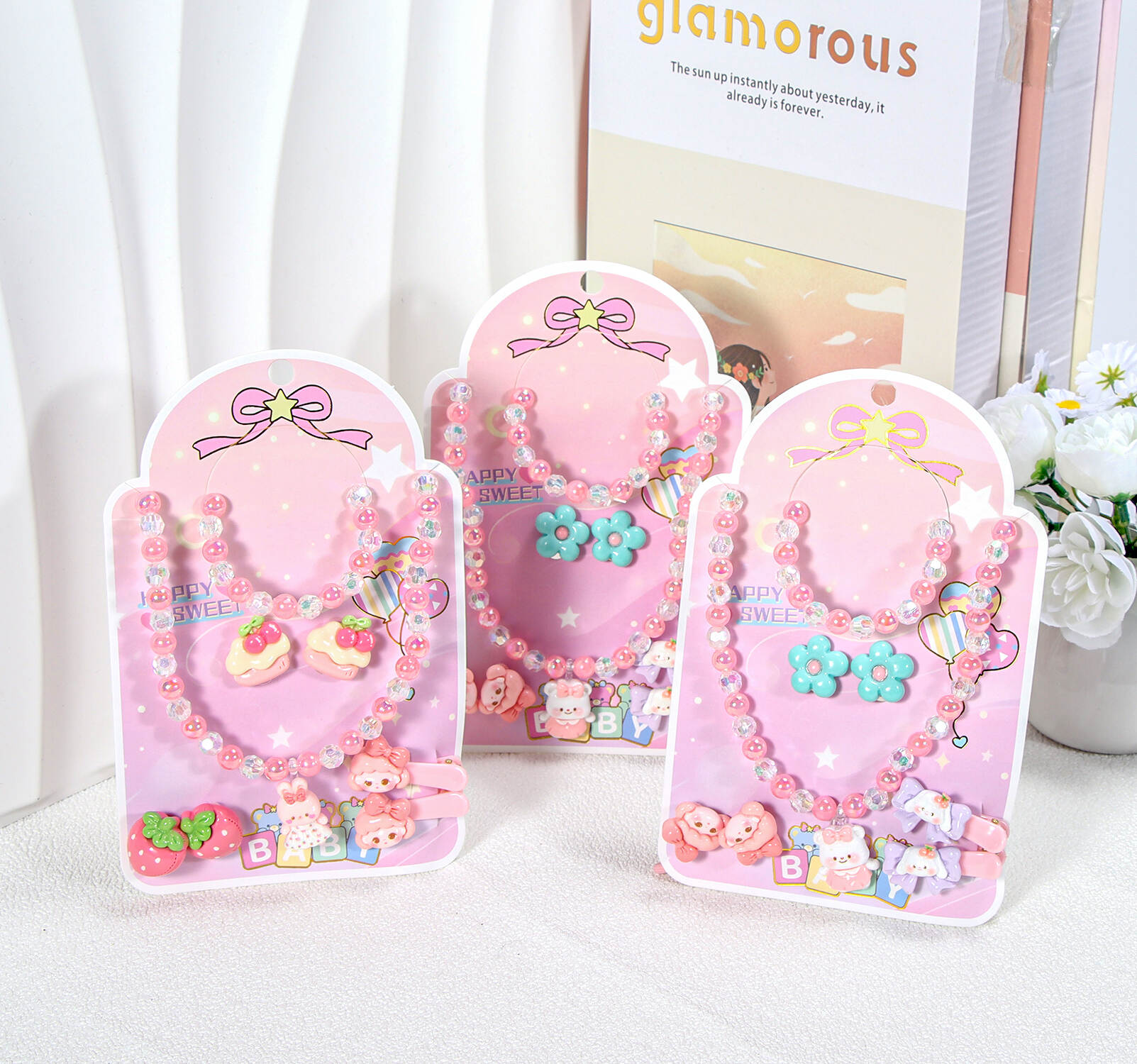 Cartoon bow girl necklace jewelry sweet cute strawberry hair clip hair accessories new children's little princess suit