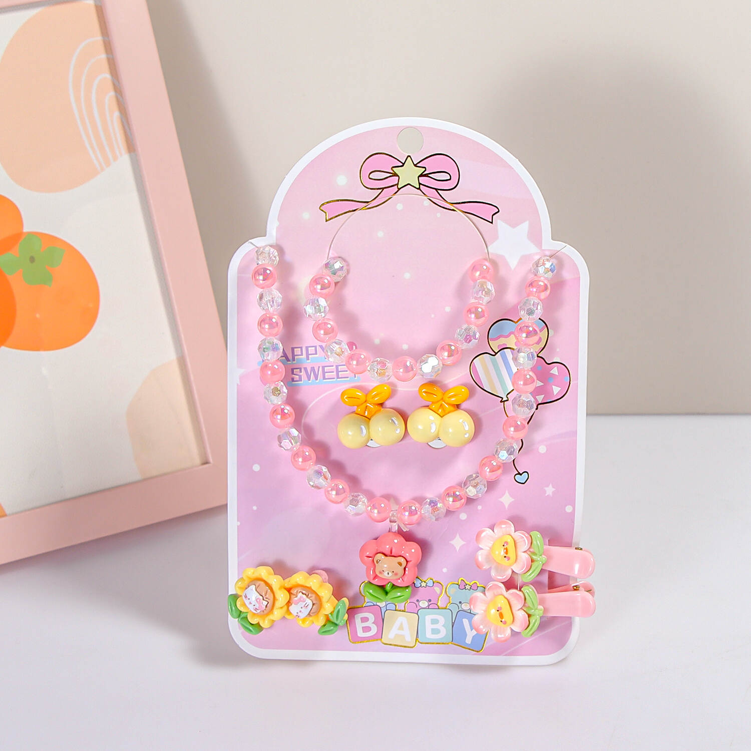 Children's beaded necklace set bracelet girl princess ear clip accessories sweet girl baby cartoon jewelry jewelry