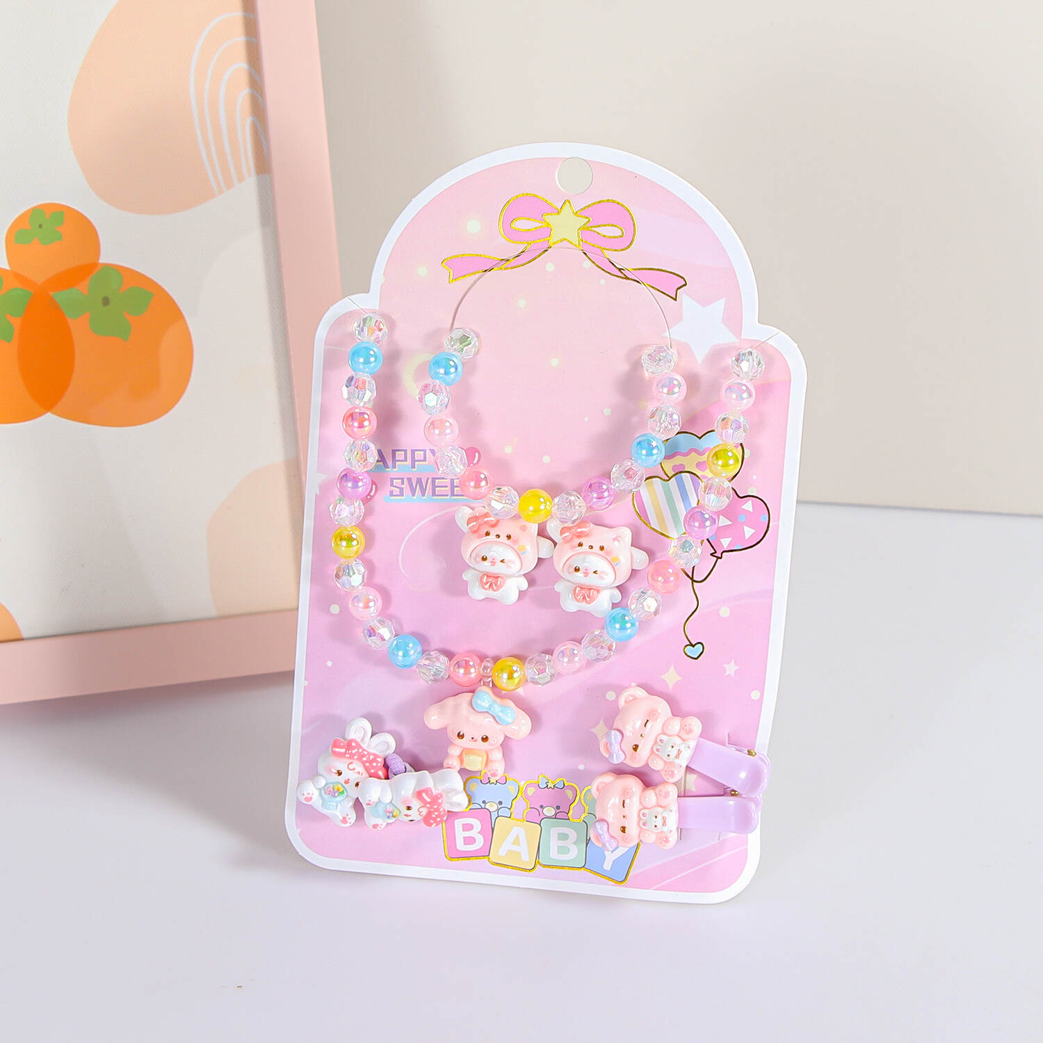 Children's necklace jewelry female princess suit crystal halter neck ear piercing ear clip ring cute girl baby gift