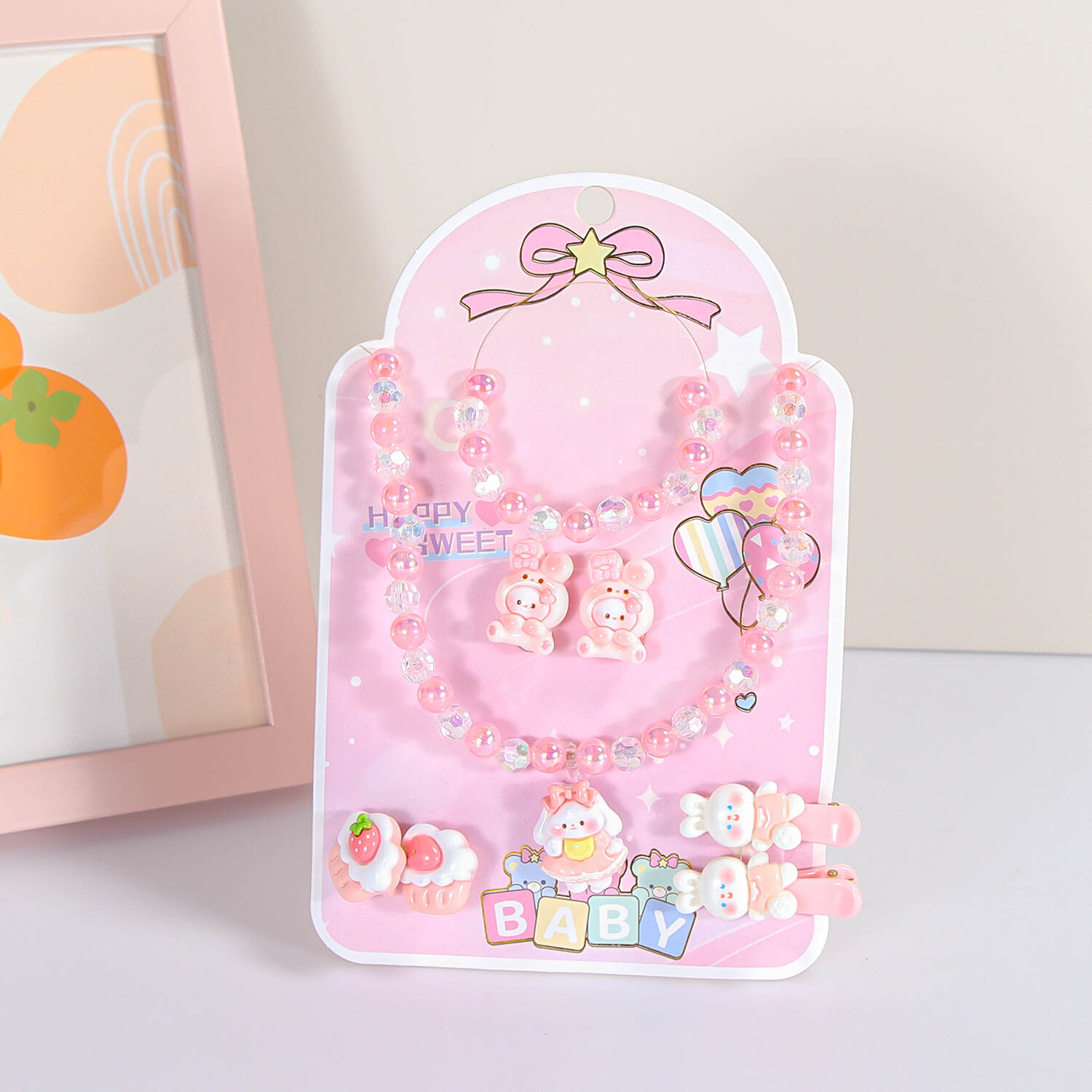 Cartoon bow girl necklace jewelry sweet cute strawberry hair clip hair accessories new children's little princess suit