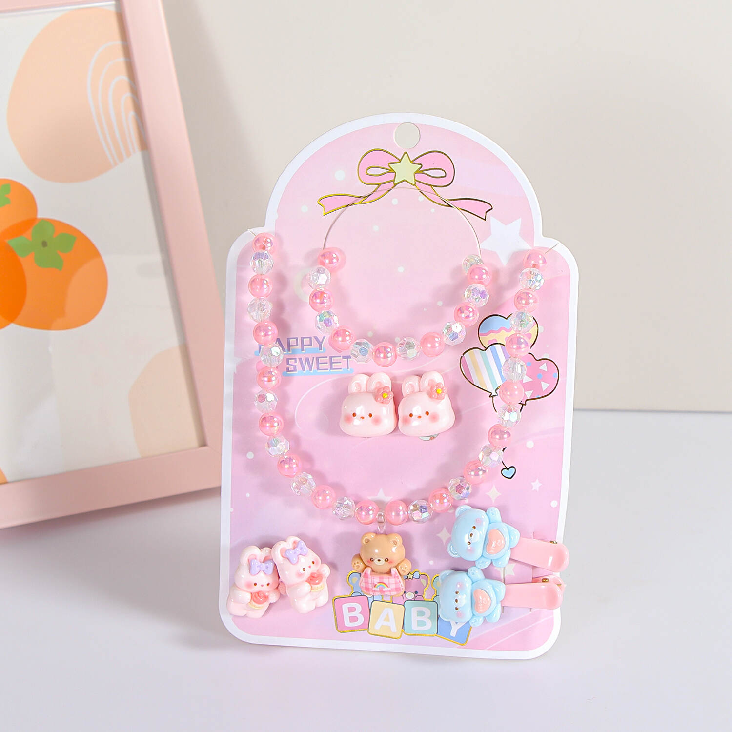 Children's beaded necklace set bracelet girl princess ear clip accessories sweet girl baby cartoon jewelry jewelry