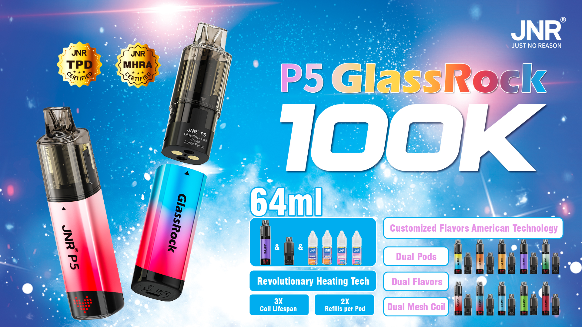 JNR 100K P5 GlassRock Puffs: Dual Pods, Dual Flavors, Dual Mesh Coil