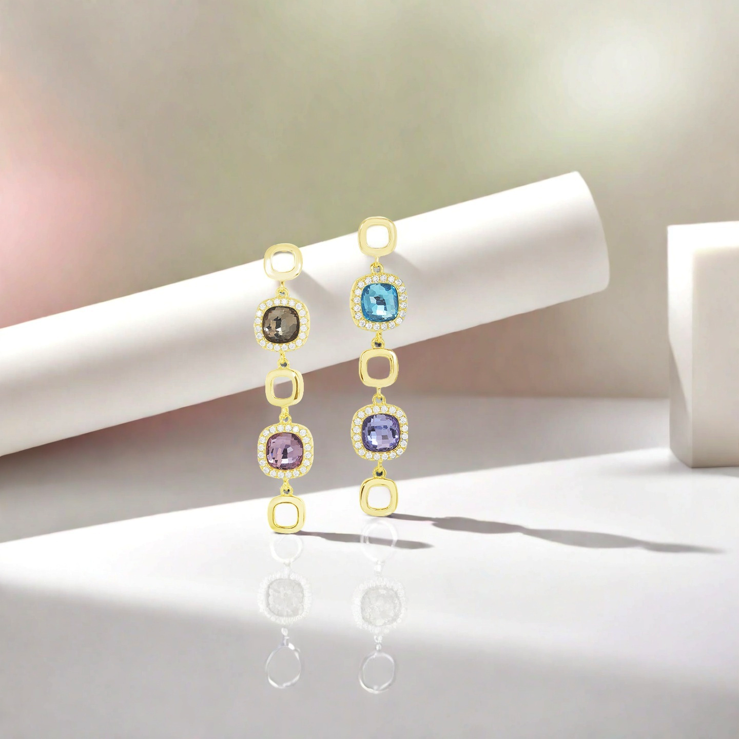 Zircon earrings; Pendant earrings; Gold-plated 925 silver; Colorful earrings; Three-section earrings; Fashionable earrings; Rachel Jewellery