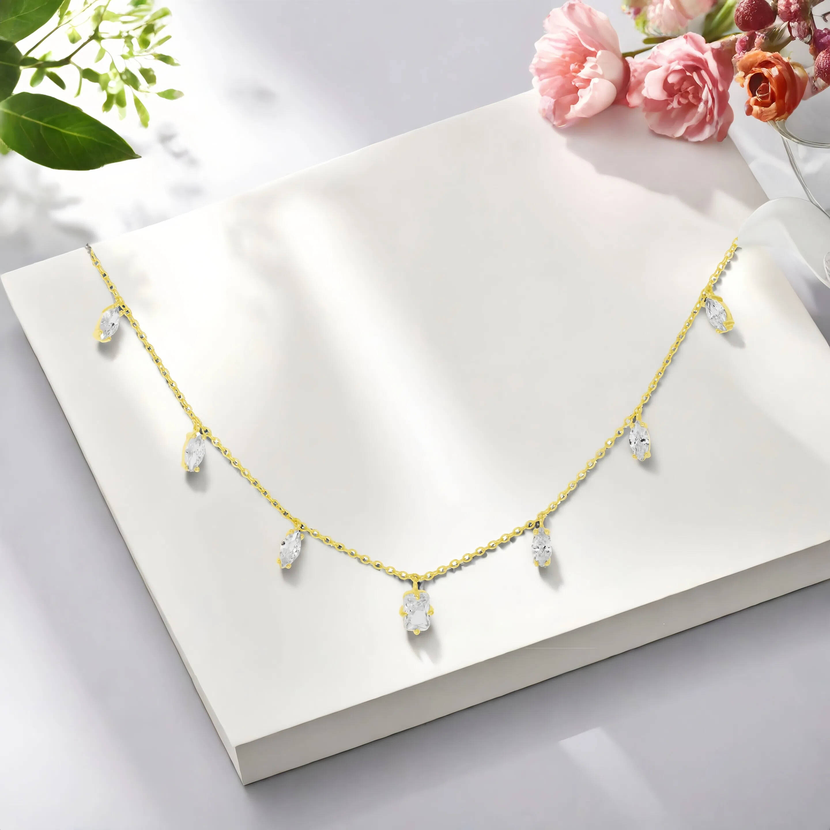 gold CZ necklace；minimalist drop necklace；925 sterling silver necklace；dainty gold jewelry；layering necklace；simple elegant necklace；cubic zirconia pendant；OEM ODM necklace；fashion jewelry wholesale