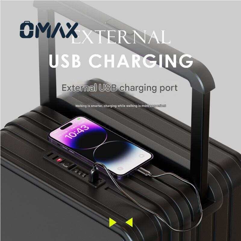 USB charging business luggage, mute wheel spinner suitcase, luxury PC carry-on, expandable trolley suitcase, laptop-friendly luggage, gray travel suitcase, corporate travel gear, premium spinner caster, quick-access luggage, all-in-one organizer suitcase