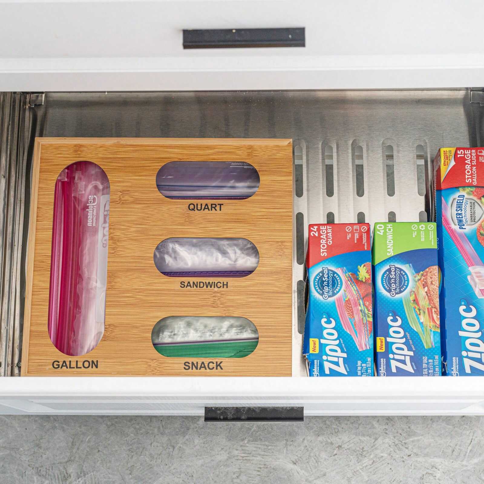 OEM Bamboo Ziplock Bag Organizer – Kitchen Drawer Storage Box Manufacturer Wholesale