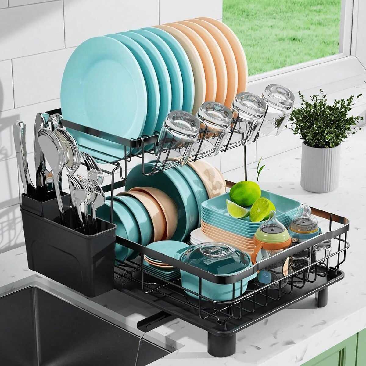 2-Tier Dish Drying Rack | Counter Metal Dish Drainer Manufacturer With Utensil Holder