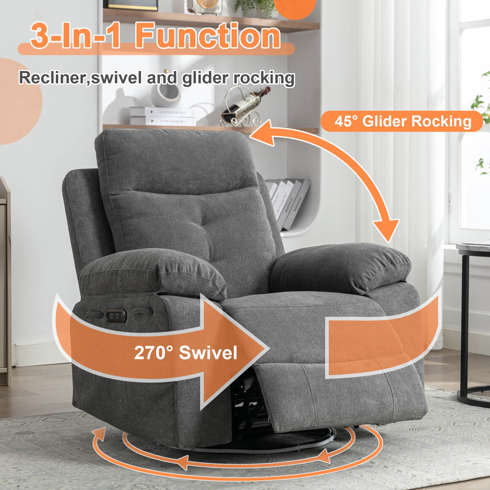 Power Recliner Glider Chair With Bluetooth Speaker 270 Degree Swivel With LED Light Side Arm With Storage Pockets And Charging