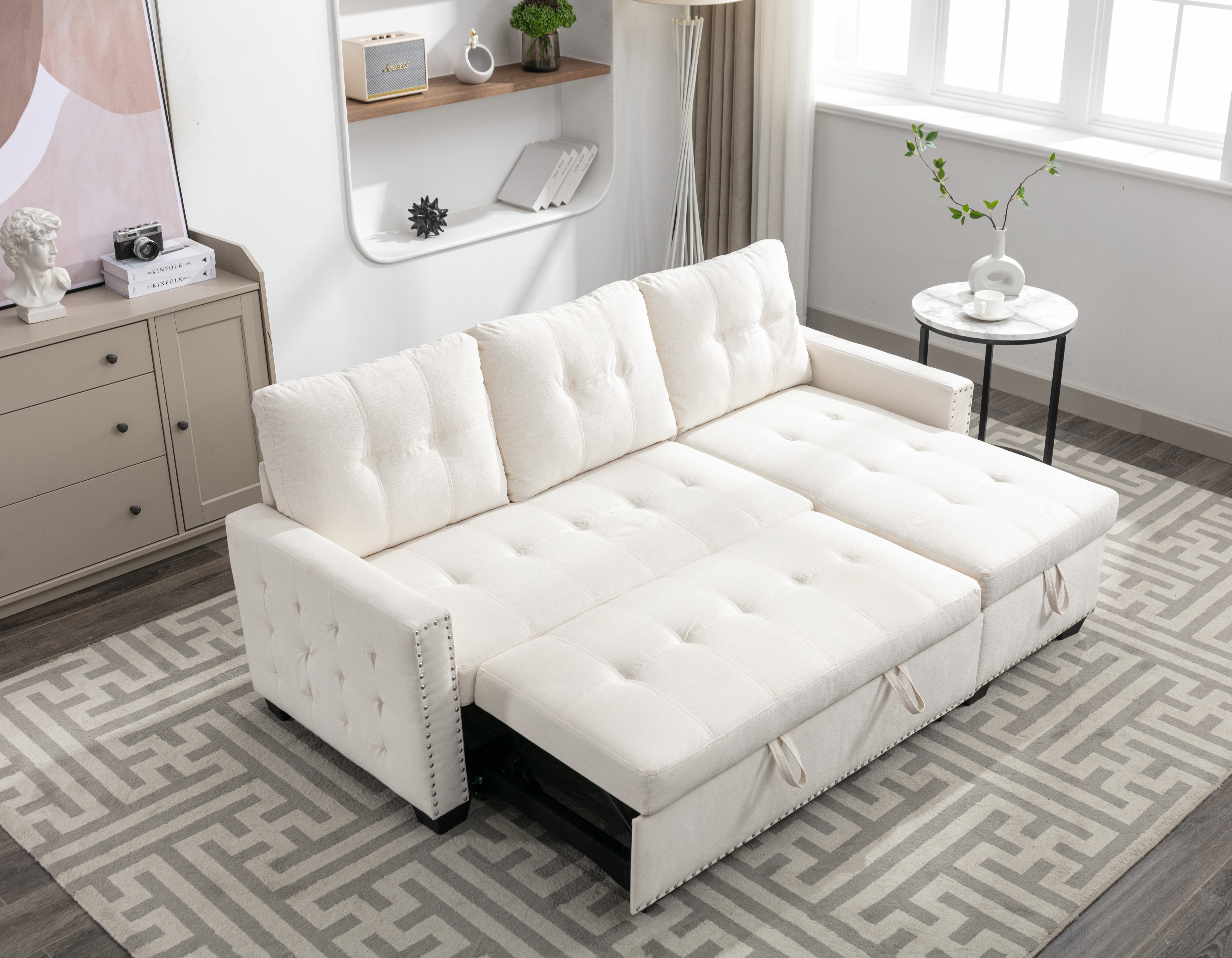 77 Inch Reversible Sectional Storage Sleeper Sofa Bed , L-Shape 2 Seat Sectional Chaise With Storage , Skin-Feeling Velvet