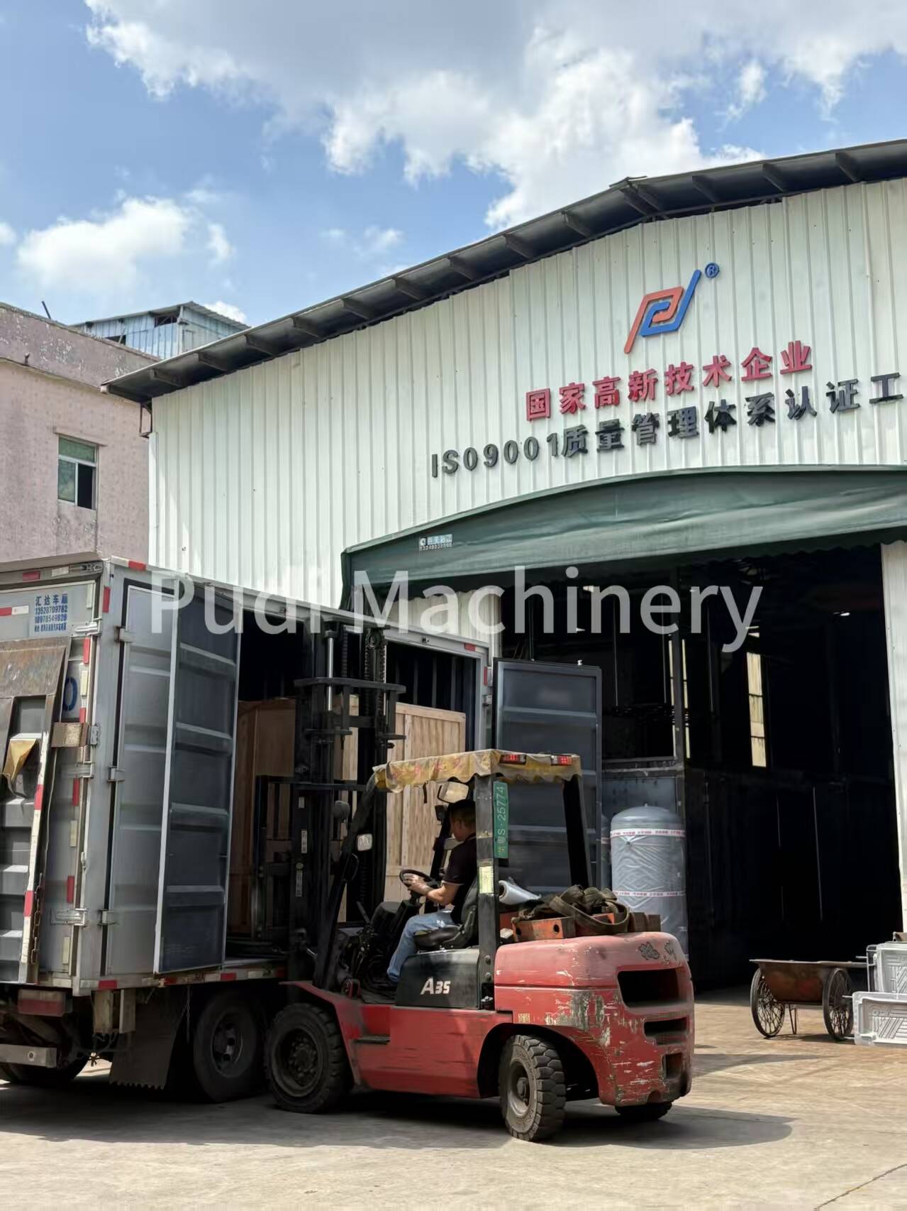 Forklift securing wooden crate