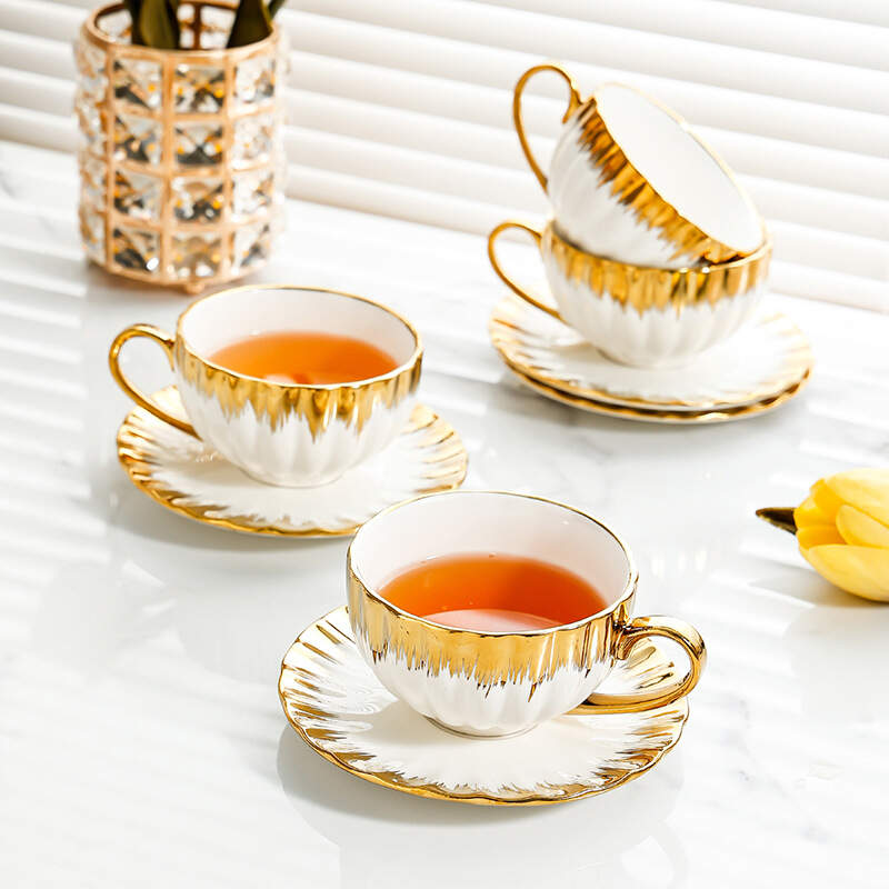 High quality gold plated edge ceramic large capacity breakfast mug coffee cup with saucer set