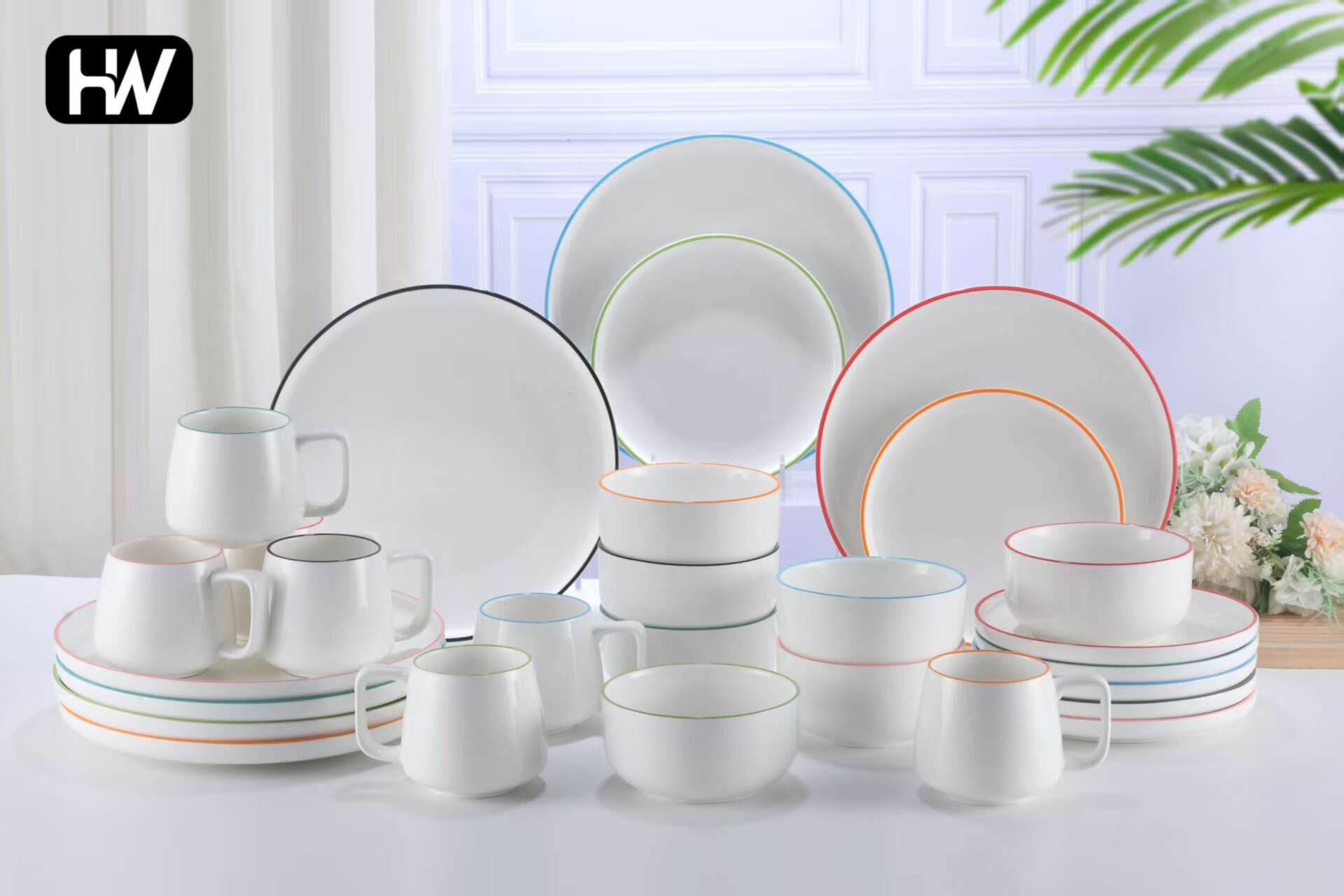 Minimalist style cheap White ceramic dinner plate and cutlery set with tea cup and saucer
