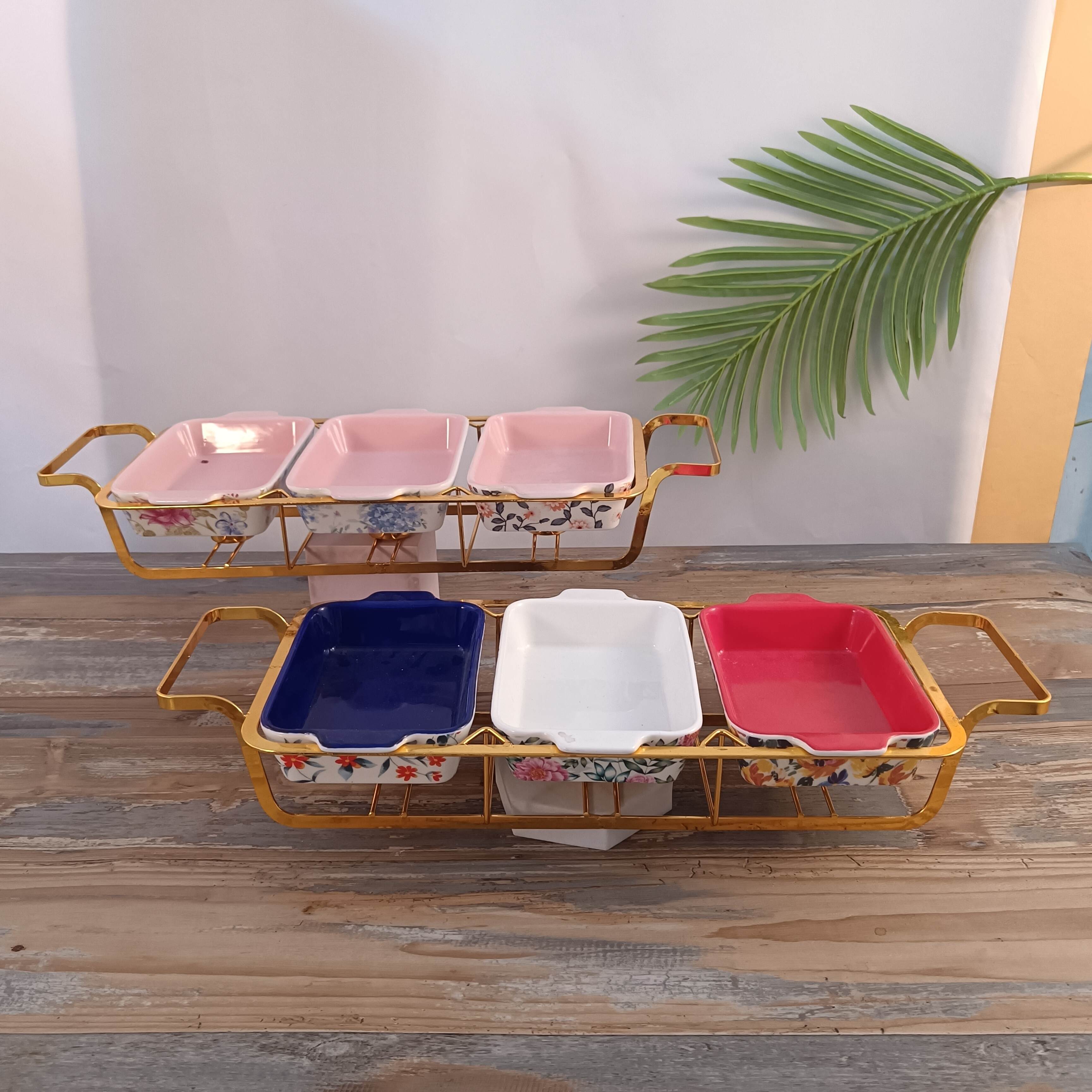 High-quality, large-capacity ceramic three-piece baking tray with ironwork for heat preservation