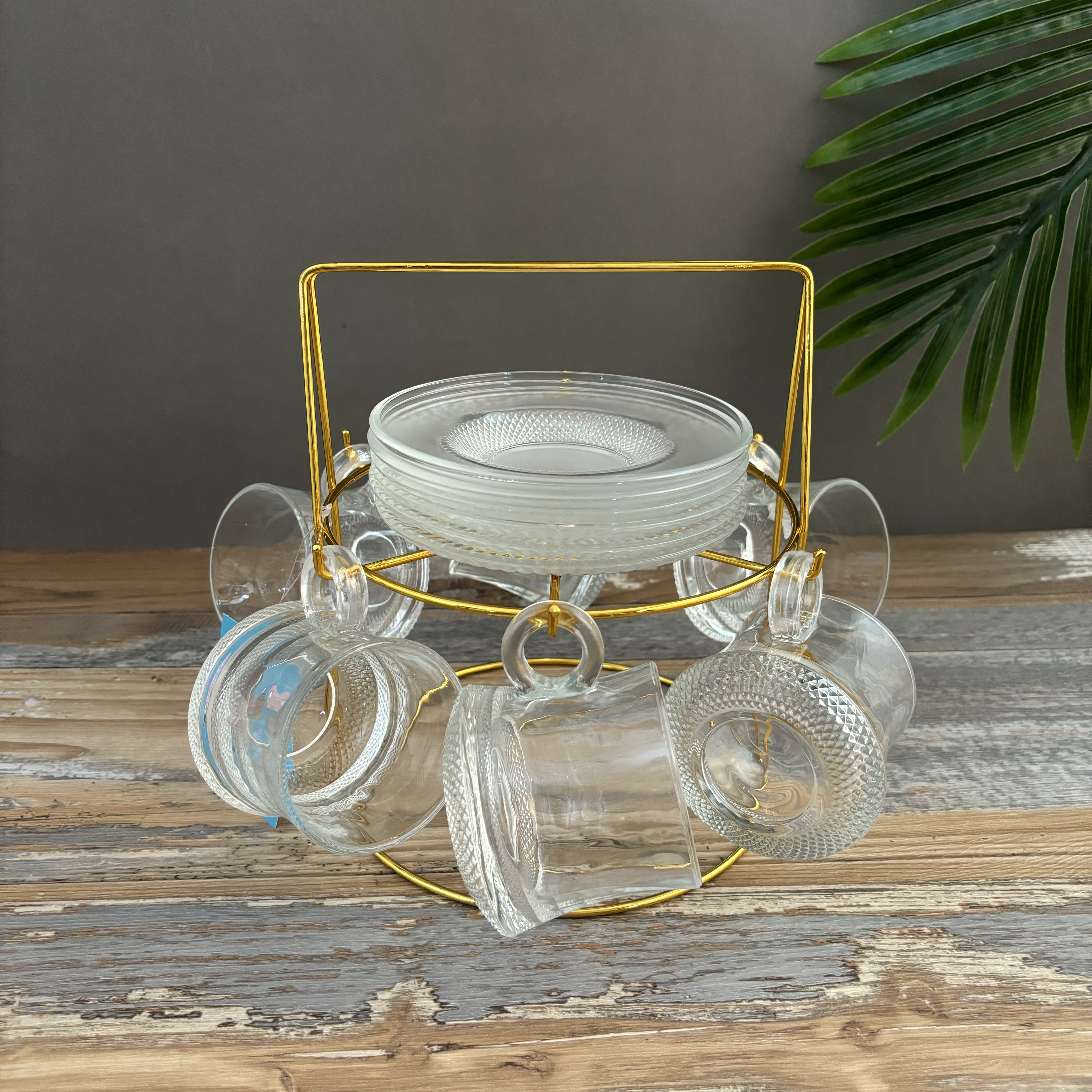 glass cup set with Holder,transparent coffee cup set,mug set with drain rack