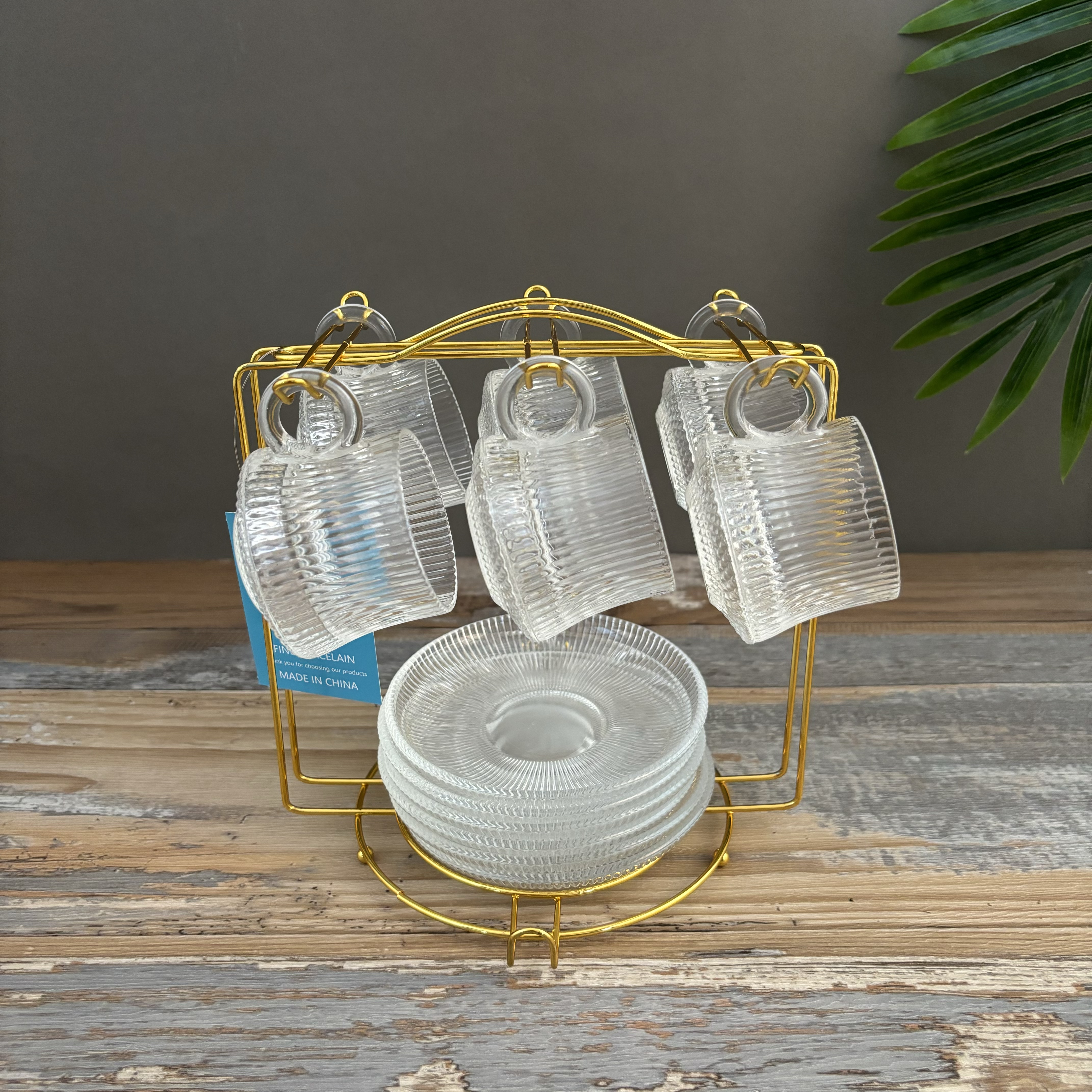 glass cup set with Holder,transparent coffee cup set,mug set with drain rack