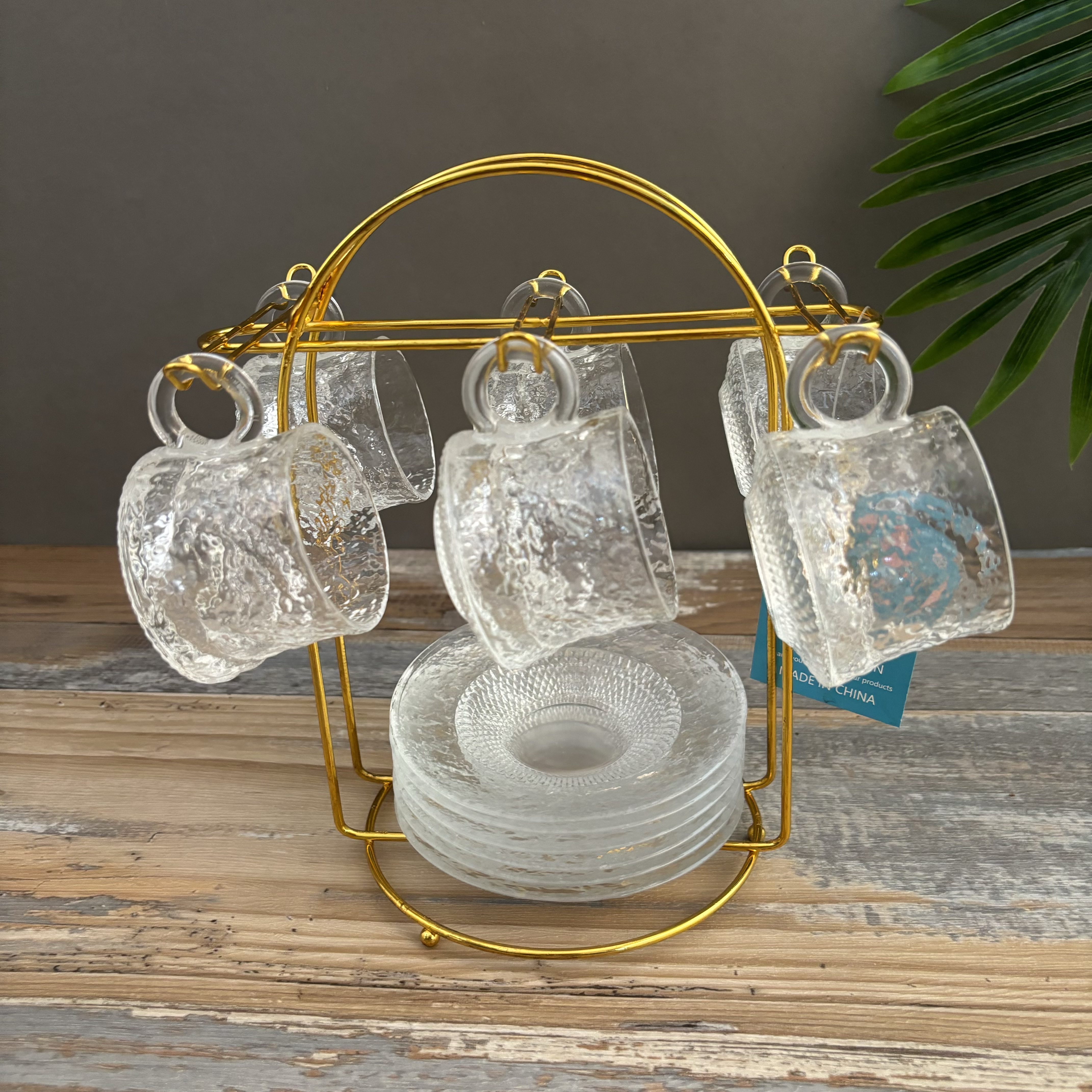 glass cup set with Holder,transparent coffee cup set,mug set with drain rack