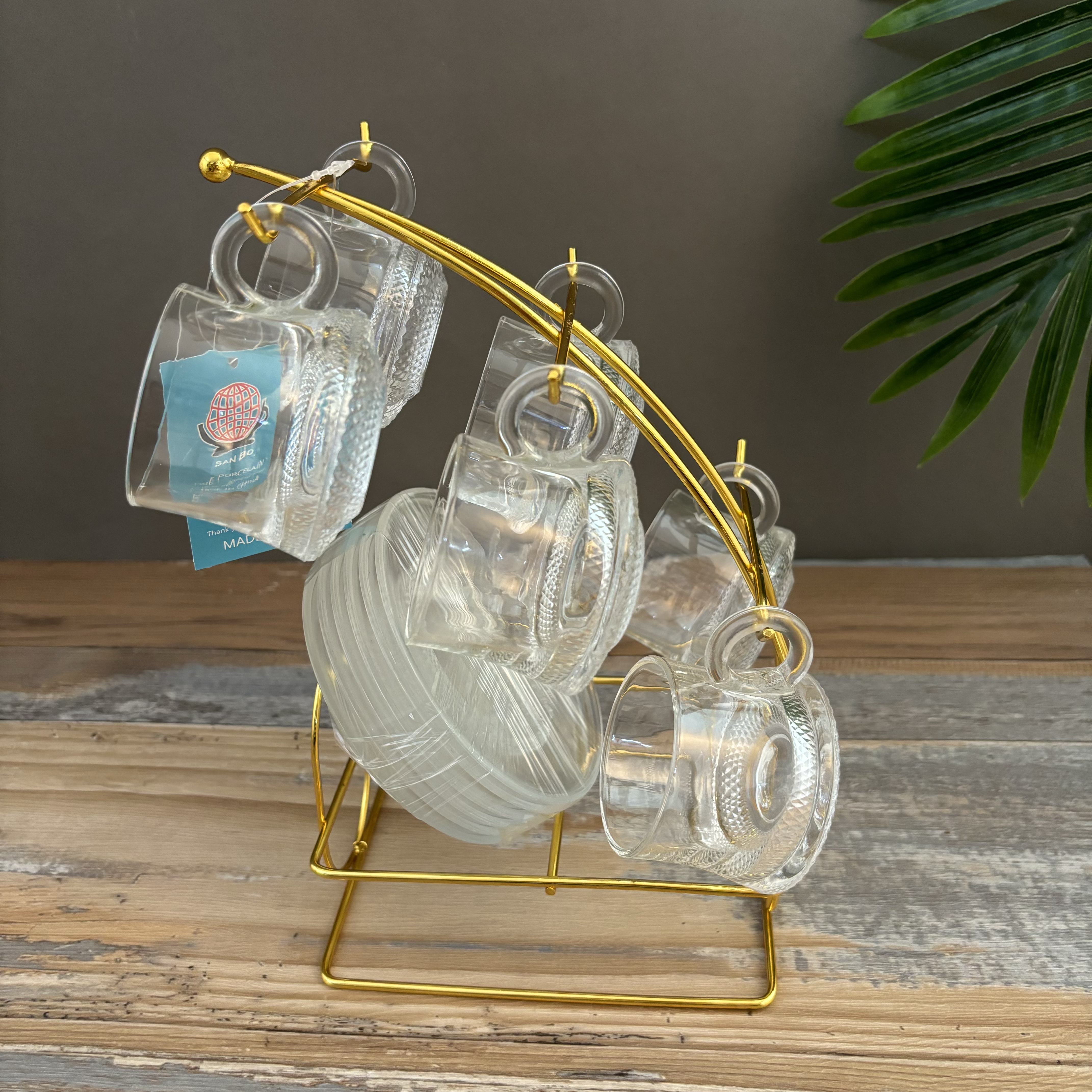 glass cup set with Holder,transparent coffee cup set,mug set with drain rack