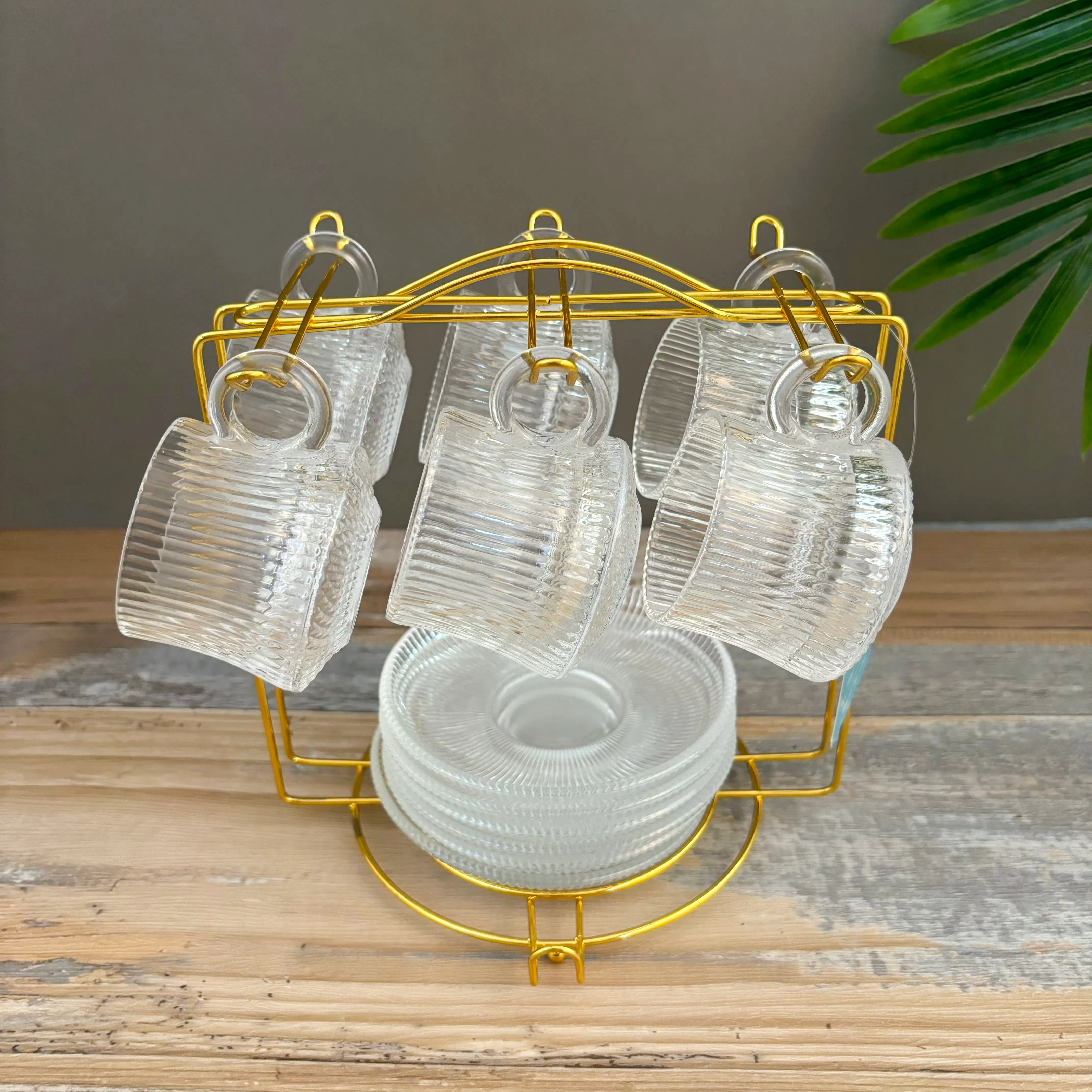 glass cup set with Holder,transparent coffee cup set,mug set with drain rack