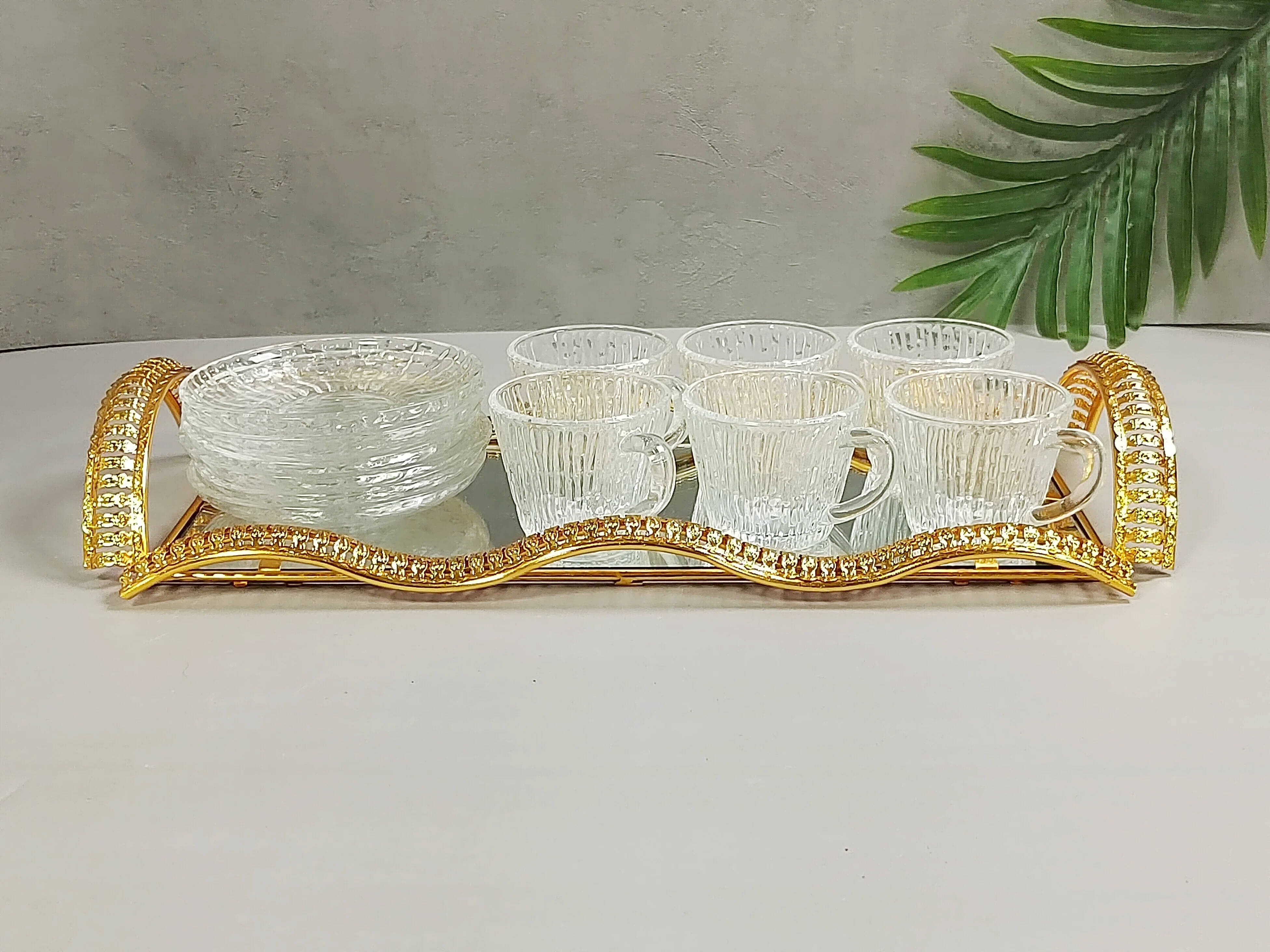 coffee glass cup set with gold iron tray,tea cup set for party,glass mug with iron tray decorate