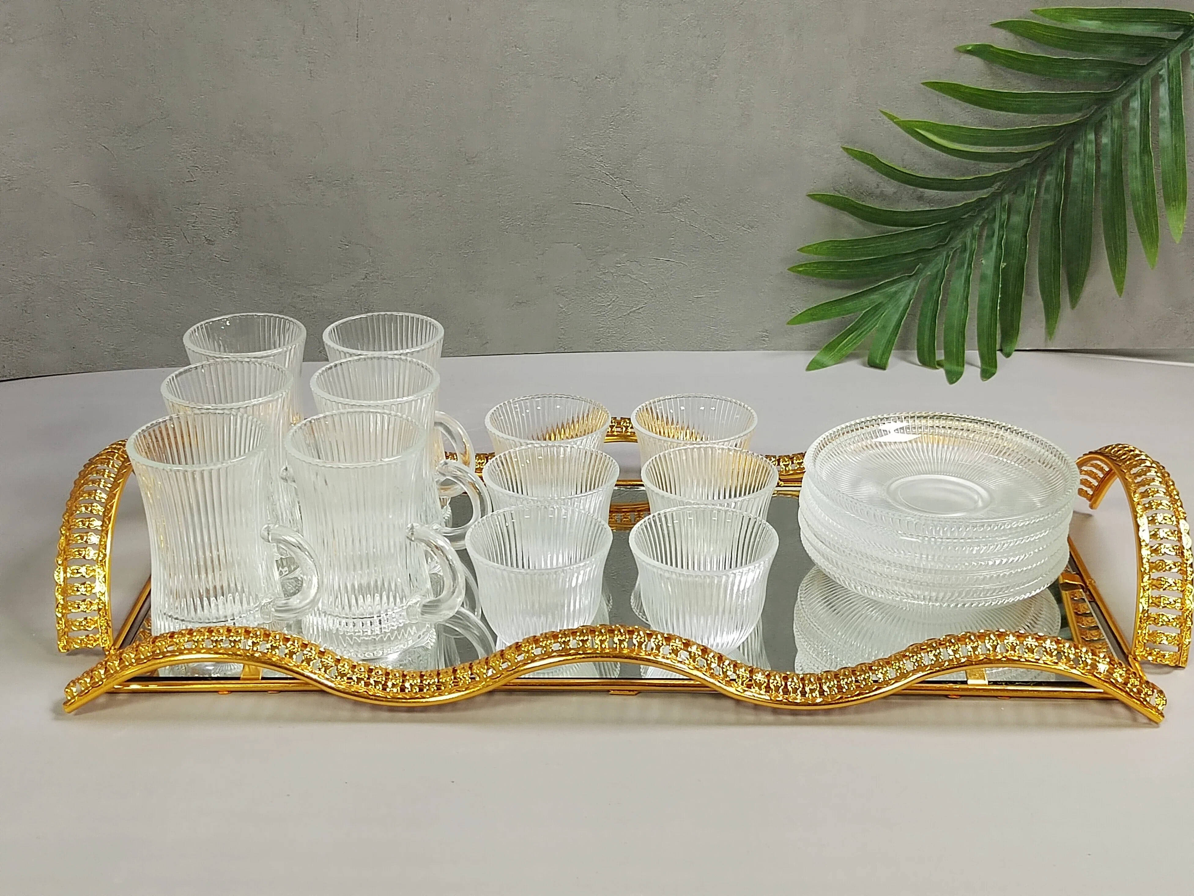 coffee glass cup set with gold iron tray,tea cup set for party,glass mug with iron tray decorate