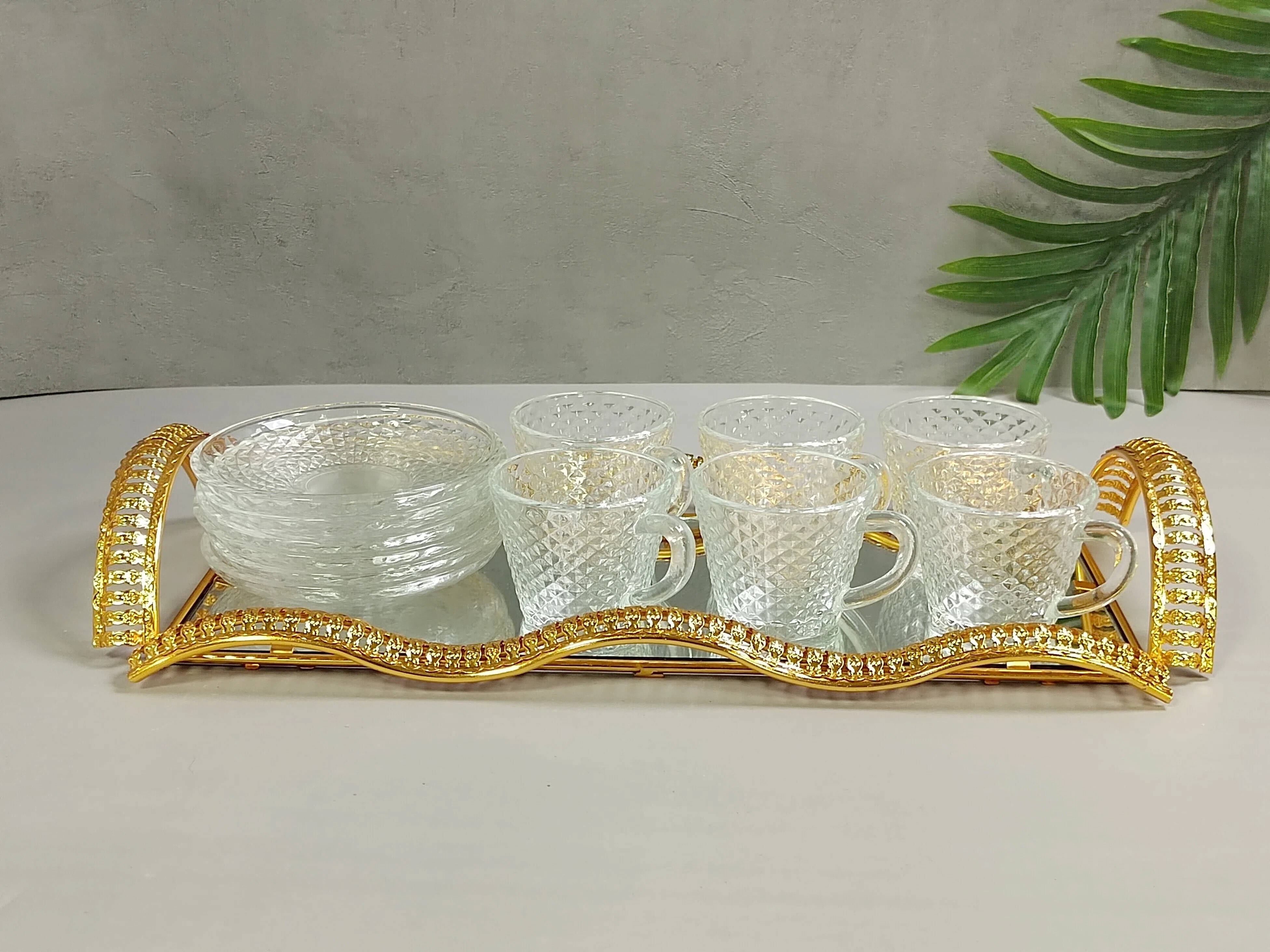 coffee glass cup set with gold iron tray,tea cup set for party,glass mug with iron tray decorate