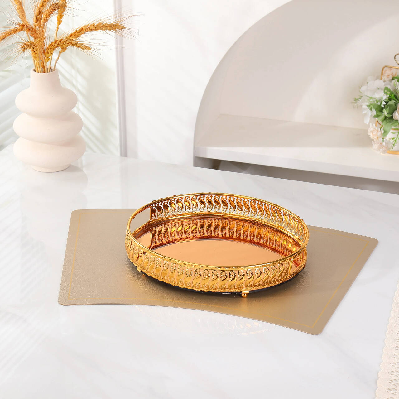 Golden Metal Tray Serving Tray,Storage Perfume Organizer for Bedroom, Metal Mirror Serving