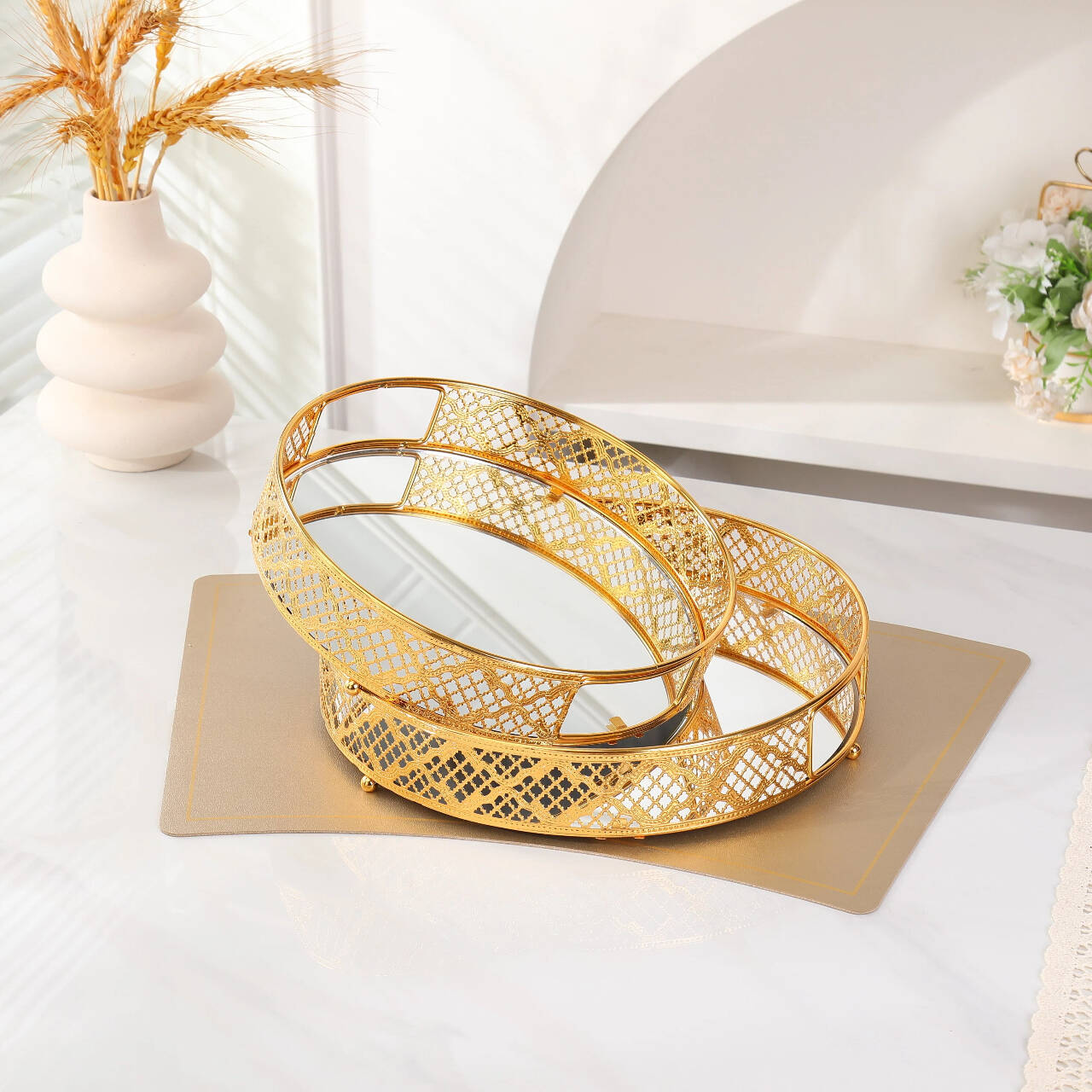 Caft gold Decorative Tray for Dresser Bathroom handmade Jewelry Trinket Tray