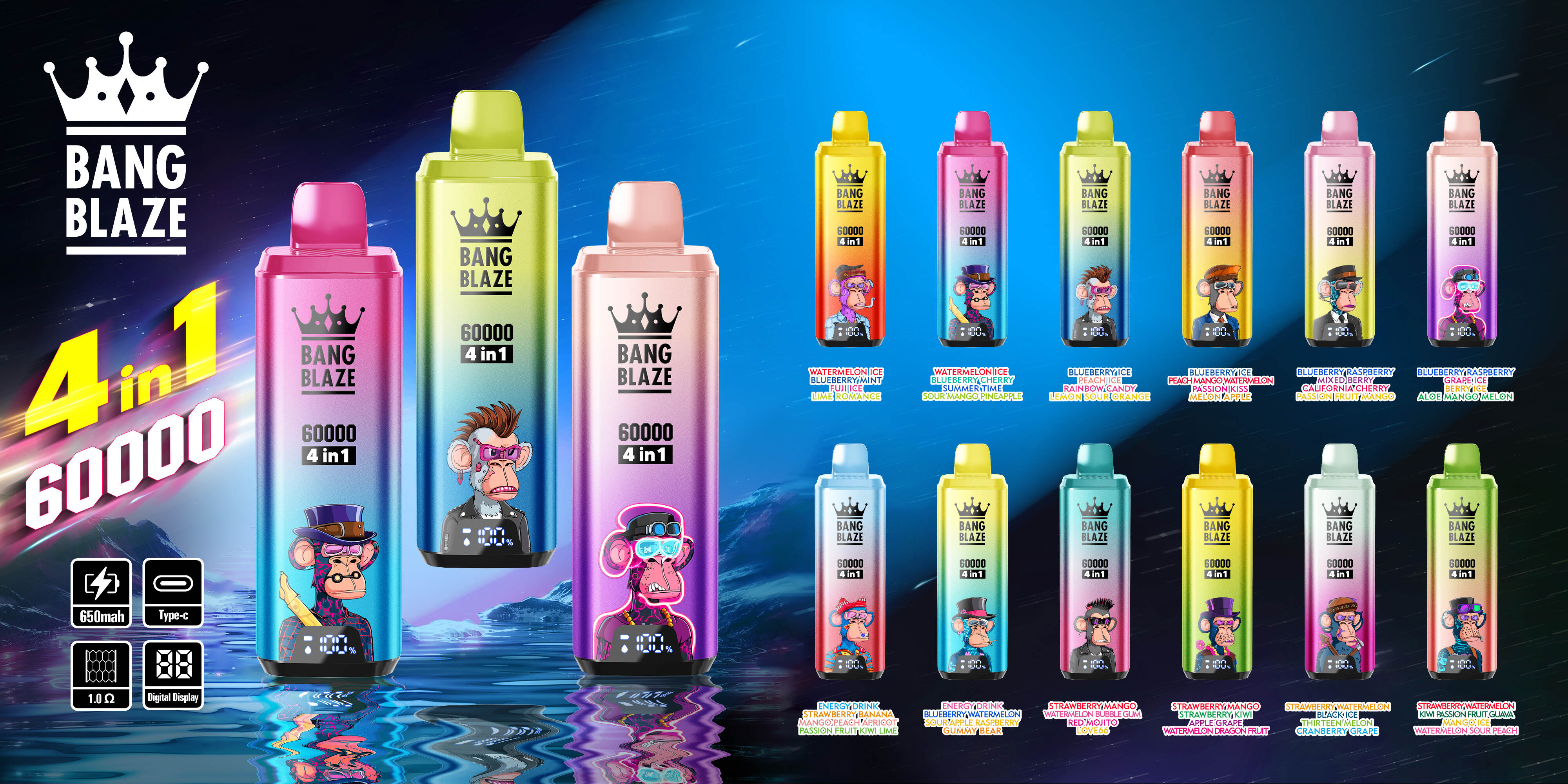 4 in 1 Vape; 60000 Puffs Einweg; Multi-Aroma-Vape Europe; Bang Blaze 60k; wiederaufladbarer Vape Typ-C; Vape-Gerät 4 Aromen; elektronische Zigarette EU-Lagerhaus