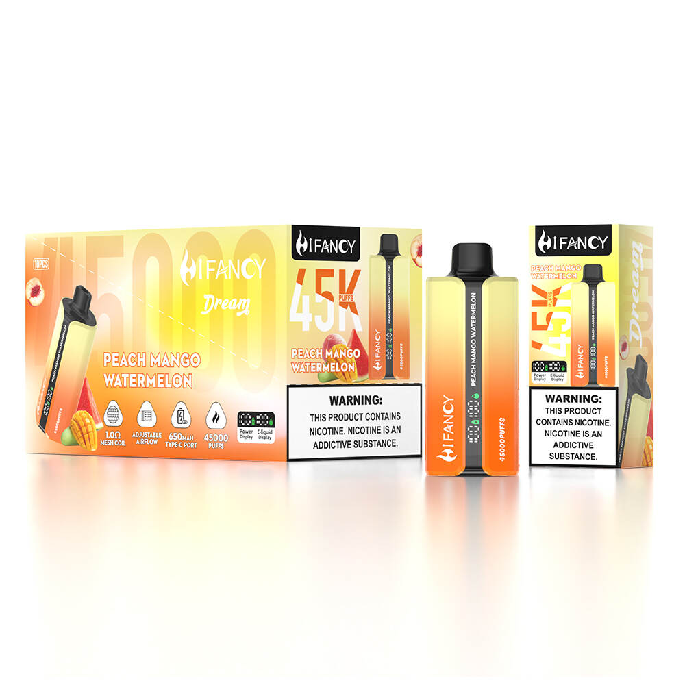 HIFANCY DREAM 45K is a 45,000-puff rechargeable disposable with 2%/3%/5% nicotine, 650 mAh battery, and 10 flavors. Ships to 24 EU countries. MOQ: 1 box (10 devices). Order via WhatsApp for EUR invoice.